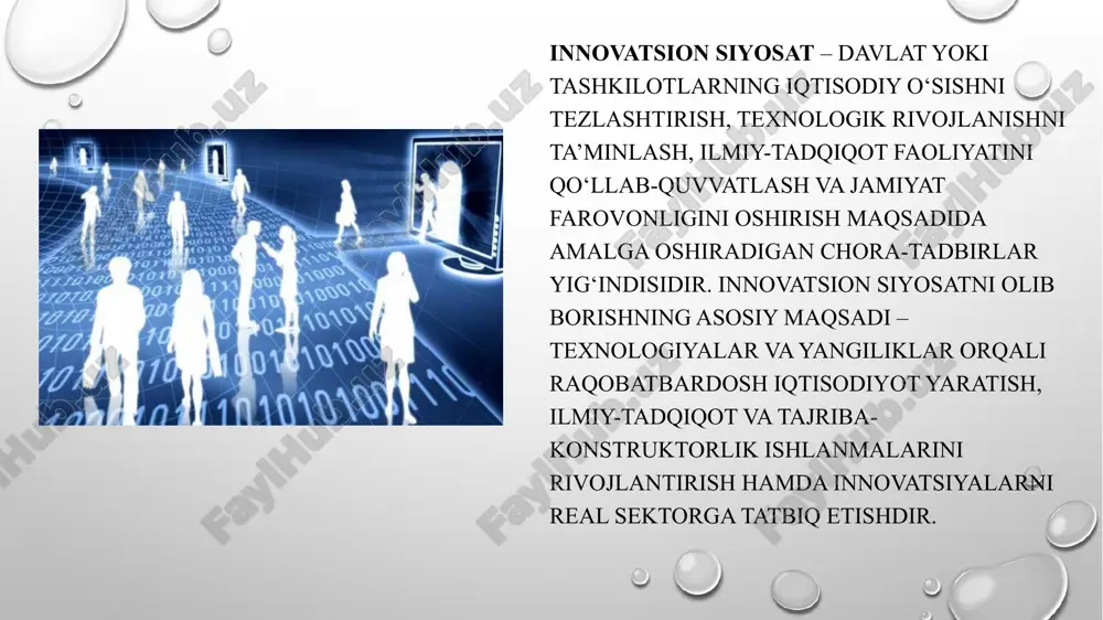 dan oqilona foydalanish, ekologik masalalarni hal qilish va yangi ish o‘rinlari yaratish. xavfsizlik va mustaqillikni ta'minlash – strategik yo‘nalishlarda (energetika, mudofaa, oziq-ovqat va h.k.) innovatsion texnologiyalarni tatbiq etish orqali davlat mustaqilligini mustahkamlash. innovatsion siyosatning asosiy yo'nalishlari zamonaviy iqtisodiyot va jamiyat rivoji uchun muhim bo'lgan sohalarni qo‘llab-quvvatlash, yangi texnologiyalarni joriy qilish va ilmiy tadqiqotlarni rag‘batlantirishga qaratilgan. bu yo‘nalishlar quyidagilarni o‘z ichiga oladi: fan va texnologiya rivoji ilmiy-tadqiqot va tajriba-konstruktorlik ishlari (r&d): innovatsion siyosat ilmiy va texnologik tadqiqotlarni qo‘llab-quvvatlashga katta ahamiyat beradi. r&d tadbirlari orqali yangi mahsulotlar va texnologiyalar ishlab chiqiladi. yuqori texnologiyalarni joriy qilish: davlatlar va kompaniyalar yuqori texnologiyali ishlab chiqarishlarni rivojlantirish, yuqori texnologiyalarni real sektorga tatbiq etish orqali iqtisodiyotga ijobiy ta’sir ko‘rsatadi. innovatsion infratuzilma: fan va texnologiya rivoji uchun zarur bo‘lgan laboratoriyalar, ilmiy markazlar, inkubatorlar va texnoparklarni barpo qilish, innovatsiyalarni qo‘llab-quvvatlaydigan infratuzilmani yaratadi. iqtisodiy o‘sish texnologik rivojlanish orqali iqtisodiy samaradorlikni oshirish: innovatsiyalar iqtisodiyotni yanada samarali qiluvchi yangi usullar va texnologiyalarni …