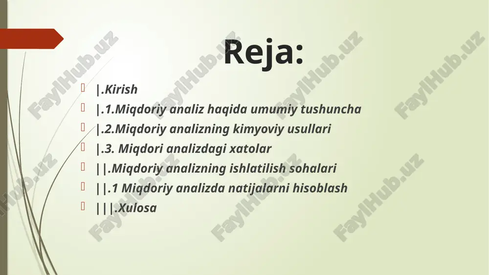 oviy analiz usullariga to'xtalib o'tamiz. 4.1. tortma (gravimetrik) analiz miqdoriy analizning aniqlanadigan modda miqdorini tekshiriladigan namuna massasini o ‘lchash bilan olib boriladigan aniqlash usuliga gravim etrik analiz usuli deb ataladi. gravimetrik analiz uch: ajratish, cho'ktirish, haydash usullariga bo'linadi. a jra tish usulida aniqlanayotgan modda aralashmadan ajratib tozalanadi va massasi analitik tarozida tortiladi. masalan, temir bilan oltingugurt aralashmasidan temirning magnitga tortilish xususiyatidan foydalaniladi. c ho‘k tiris h usulida aniqlanadigan modda kimyoviy reaksiya yordamida tarkibi aniq bo'lgan qiyin eriydigan birikma holida cho'ktiriladi. bunda cho'kma qizdirilib tarkibi aniq bo'lgan boshqa moddaga aylantiriladi va shu moddaning massasi analitik tarozida tortilib modda miqdori aniqlanadi. 2g'e3+ +60n ~ —> 2g'e (0 n ): ■>g'e20 3+zn 20 tortiladigan shakj aniqlanadigan modda cho‘ktiriladigan shakl h aydash usulida aniqlanadigan modda uchuvchan birikma holida haydaladi. bunda aniqlanadigan modda qizdirish yoki boshqa modda (reaktiv) ta’sirida uchuvchan birikma hosil qiladigan holatga o‘tkazish bilan ajratiladi. haydash usullari to‘g‘ri va teskari bo'lishi mumkin. to'g'ri …