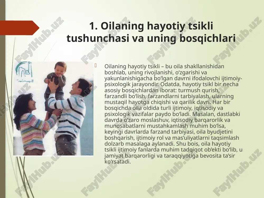 echadi. 3. oilaning farzandli bo‘lish va tarbiya bosqichi bu bosqichda oila hayotining asosiy markaziga farzandlar kiradi. ota-ona o‘z e’tiborini bolalarning jismoniy, aqliy va ma’naviy rivojlanishiga qaratadi. ular tarbiya jarayonida mas’uliyatli ijtimoiy rolni bajaradi, chunki farzandlar jamiyatning kelajagini ifodalaydi. ota-onaning farzandlar bilan bo‘lgan muloqoti, mehr-muhabbati, intizom va qadriyatlarga o‘rgatish uslubi oilaviy muhitni belgilaydi. shu bosqichda oila iqtisodiy jihatdan ham barqarorlashadi, ammo shu bilan birga, kundalik mas’uliyat va stress omillari ham ortadi. tarbiyaviy qarorlar, o‘qish va kasb tanlashdagi yo‘naltirishlar ota-onadan yuqori darajadagi sabr, tushunish va o‘zaro kelishuvni talab qiladi. bu bosqichda oilaning mustahkamligi farzandlar orqali yanada mustahkamlanadi yoki aksincha, noto‘g‘ri yondashuv tufayli inqirozga yuz tutishi mumkin. 4. oilaning voyaga yetgan farzandlar va qarilik davridagi bosqichi oilaning so‘nggi bosqichi – farzandlar mustaqil hayot yo‘lini tanlab, ota-onadan ajralgandan keyingi davrni o‘z ichiga oladi. bu davrda ota-onaning asosiy vazifasi – farzandlariga mustaqil qaror qabul qilishda yo‘l-yo‘riq ko‘rsatish, ammo ularning hayotiga ortiqcha aralashmaslikdir. shu bilan birga, …
