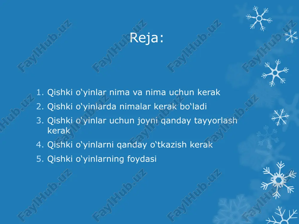 bermaslik ham kerak. qor tozalangandan keyin chiqindilarni yig‘ib qo‘yishadi. hammasi joyida bo‘lsa, o‘yinlar quvnoq va xavfsiz o‘tadi. shu sababli, joyni tayyorlash har bir musobaqaning eng muhim bosqichidir. qishki o‘yinlarni qanday o‘tkazish kerak qishki o‘yinlarni o‘tkazish uchun dastlab reja tuziladi. qaysi kuni, kimlar qatnashishi va qanday sovrinlar bo‘lishi aniqlanadi. o‘yin boshlanishidan oldin hakamlar qoidalarni tushuntiradi. musobaqa vaqtida tibbiyot xodimlari ham tayyor turadi, kimdir yiqilsa yoki sovuq tegsa, yordam beradi. o‘yin tugagach, g‘oliblar aniqlanadi va mukofot topshiriladi. bunday o‘yinlarda g‘alaba emas, ishtirok etish muhim, chunki bu sog‘lomlik va do‘stlik bayramidir. o‘yinlar chiroyli o‘tsa, hamma mamnun bo‘ladi, keyingi yil yana ishtirok etishni xohlaydi. qishki o‘yinlarning foydasi qishki o‘yinlar odamlar uchun juda foydali. ular sovuqdan qo‘rqmaslikka, badanini chiniqtirishga va kayfiyatni yaxshilashga yordam beradi. odamlar bir-biri bilan do‘stlashadi, yangi tanishlar orttiradi. masalan, bir bola konkida uchishni o‘rganadi, boshqasi esa chang‘ida yurishni mashq qiladi. bundan tashqari, qishki o‘yinlar shaharni chiroyli qiladi, turizmni rivojlantiradi. odamlar uzoq joylardan …