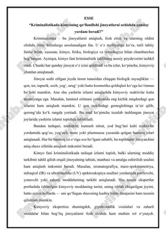 ‘z izini qoldiradi va bu izlar, ko‘pincha, kimyoviy jihatdan aniqlanadi. jinoyat sodir etilgan joyda inson tanasidan chiqqan biologik suyuqliklar — qon, ter, tupurik, soch, yog‘, urug‘ yoki hatto kosmetika qoldiqlari ko‘zga ko‘rinmas bo‘lishi mumkin. ana shu yashirin izlarni aniqlashda kimyoviy reaktivlar katta ahamiyatga ega. masalan, luminol eritmasi yordamida eng kichik miqdordagi qon izlarini ham aniqlash mumkin. u qon tarkibidagi gemoglobinga ta’sir qilib, qorong‘ida ko‘k rangda yoritadi. bu usul ko‘pincha tozalab tashlangan jinoyat joylarida yashirin izlarni topishda ishlatiladi. bundan tashqari, ninhidrin, kumush nitrat, yod bug‘lari kabi reaktivlar yordamida qog‘oz, yog‘och, mato yoki plastmassa yuzasida qolgan barmoq izlari aniqlanadi. har bir barmoq izi o‘ziga xos bo‘lgani sababli, bu topilmalar jinoyatchini aniq shaxs sifatida aniqlash imkonini beradi. kimyo fani kriminalistikada nafaqat izlarni topish, balki ularning moddiy tarkibini tahlil qilish orqali jinoyatning tabiati, manbasi va amalga oshirilish usulini ham aniqlash imkonini beradi. masalan, xromatografiya, mass-spektrometriya, infraqizil (ir) va ultrabinafsha (uv) spektroskopiya usullari yordamida portlovchi, …