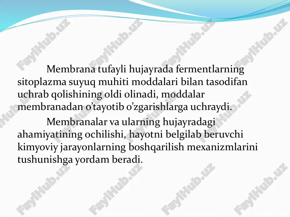 sil molekulalari. hujayraning tuzilish sxemasi. a-hayvon hujayrasi, b-o’simlik hujayrasi. 1-yadro, 2-plazmatik membrana, 3-hujayra qobig’i, 4-plazmodesma, 5-donachali endoplazmatik to’r, 6-silliq endoplazmatik to’r, 7- pinositoz vakuolasi, 8-golji apparati, 9-lizosoma, 10-yog’ kiritmalari, 11-hujayra markazi, 12-mitoxodriya, 13-gialoplazmadagi poliribosomalar, 14-markaziy vakuola, o’simlik hujayrasi qobig’ining tuzilishi. a-umumiy tuzilishi, b-bir qismini kattalashtirilgani. 1-o’rta plastinka, 2-tashqi, 3-o’rta, 4-ichki qavatlar, 5-pora, 6-ko’r (ochilmagan) pora, 7-plazmodesma kanallari, 8-plazmatik membrane. membranalararo aloqalar. ikki qo’chni silindrsimon epiteliy hujayralarining zich aloqalari-desmosomaning ko’rinishi. hujayralararo aloqalarning plazmodesma xilining tuzilishi. a-qo’shni hujayralar orasidagi 2 ta plazmodesma, b- plazmodesmalarning ko’ndalang kesmasi. membranalararo aloqalarning umumiy sxemasi. 1-oddiy, 2-tishsimon, 3-zich, 4-desmosoma, 5-tirqishsimon aloqalar. pinositoz. a-ingichka ichak hujayrasida pinositoz, b-amyobada pinositoz. 1-mokroso’rg’ich, 2-pinositoz tomchisining kirishi, 3- pinositoz tomchisi, 4-yoriqcha, 5-do’ngcha. fagositoz. a- e-qattiq zarrachani qamrab olish, f- h-ipsimon suv o’tining yutilishi, 1- amyobada fagositoz, 2-liykotsitlar tomonidan bakteriyalarning fagositoz yoli bilan ushlanishi. hujayra qobig 'ning o 'tkazuvchanligi. a,b,d-o 'simlik hujayrasining o 'tkazuvchanligi: a-izotonik eritmada hujayrada o’zgarish bo’lmaydi, b-gipotonik eritmada turgor kuzatiladi, …