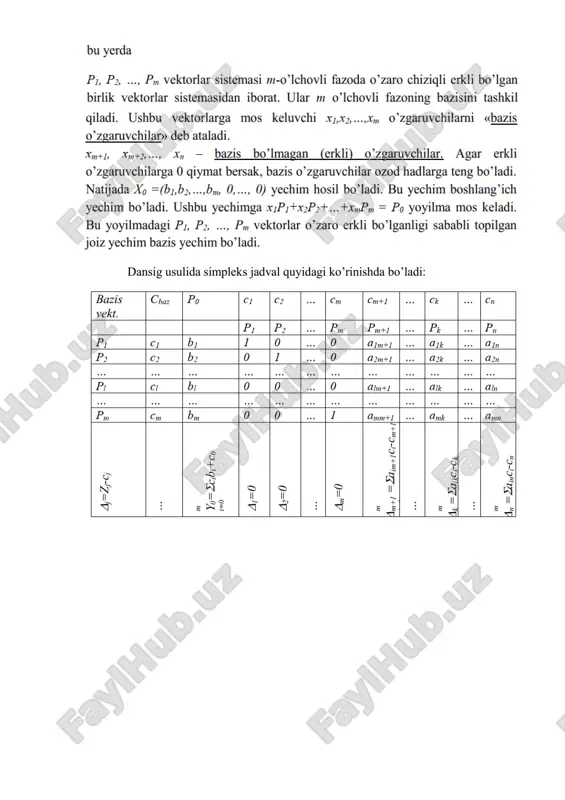 =0 b2=21 2 2 5 0 1 0 y3 c6=0 b3=10 1 1 -3 0 0 1 zj -cj 0 -1 -2 -3 0 0 0 iii. optimal rejani topish endi hal qiluvchi ustun, hal qiluvchi satr va hal qiluvchi elementlarni aniqlashga o’tamiz. buning uchun: jadvaldagi indeks qatorida keltirilgan [-1, -2, -3] sonlardan absolyut qiymati bo’yicha eng kattasi 3 ga teng. demak, [x3] ustun hal qiluvchi ustun bo’ladi. ozod hadlar ustunida keltirilgan [14 va 21] sonlarni x3 hal qiluvchi ustuning [3 va 5] mos musbat sonlariga bo’lib, minimal qiymatini aniqlaymiz, ya’ni: min[bi/aij]=min[14/3, 21/5]= 21/5 . demak, x4 satr hal qiluvchi satr bo’ladi. jadvaldagi hal qiluvchi ustun va hal qiluvchi satrlarning kesishgan kattakda joylashgan a32 =5 son hal qiluvchi element bo’ladi. bu sonni jadvalda to’g’ri to’rtburchak ichiga olib qo’yamiz. birinchi simpleks jadvali bazis cj bi x1 x2 x3▼ y1 y2 y3 1 2 3 0 0 0 y1 0 14 1 …