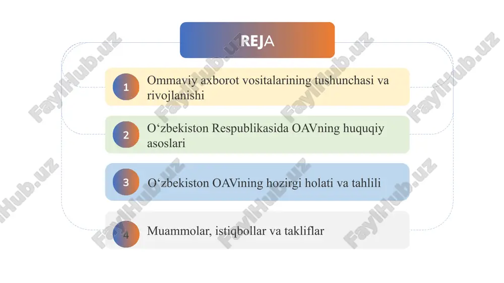 hga imkon beradi. oavning vazifasi faqat axborot yetkazish bilan cheklanmaydi, ular jamiyatning ijtimoiy ongini shakllantiradi. shu sababli, oav siyosiy, madaniy va iqtisodiy jarayonlarni ham jamoatchilikka yetkazishda muhim ahamiyatga ega. o‘zbekiston hududida oav tarixi va rivojlanish bosqichlari o‘zbekiston hududida oavning tarixi qadimiy davrlarga borib taqaladi va bu soha turli bosqichlardan o‘tgan. sovet davrida oav asosan davlat nazorati ostida faoliyat yuritgan va erkinlik chegaralangan bo‘lgan. mustaqillik yillarida esa oav sohasida katta o‘zgarishlar yuz berdi, yangi imkoniyatlar paydo bo‘ldi. 1991-yildan keyin erkin matbuot va televideniye rivojlanib, xalqaro standartlarga mos keluvchi nashrlar ish boshladi. shu davrda internet va raqamli texnologiyalar ham joriy etilib, onlayn oav kengayib bordi. bugungi kunda o‘zbekiston oav milliy va xalqaro miqyosda faoliyat yuritadi. tarixiy rivojlanish jarayoni esa oavning jamiyatdagi rolini sezilarli darajada oshirdi. shu tariqa, oav o‘zining ijtimoiy va madaniy ahamiyatini mustahkamladi. zamonaviy oavning ahamiyati va jamiyatdagi roli zamonaviy oav axborot jamiyatining asosiy vositasiga aylangan va u jamiyat hayotida muhim …