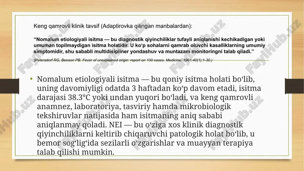 ‘ilish, limfa tugunlari kattaligi kam yoki yo‘q; umumiy holat o‘zgarishi mumkin yallig‘lanish belgilariga xos: yo‘tal, tomoq og‘rig‘i, siydik yo‘llari alomatlari, flegmona, yiringlash va boshqalar laboratoriya ko‘rsatkichlari leykotsitlar ko‘pincha normal yoki kam ko‘tarilgan, crp va prokaltsitonin yengil ko‘tarilgan; immunologik markerlar o‘zgarishi mumkin leukotsitoz va neyrofilizatsiya ko‘p uchraydi; crp va prokaltsitonin yuqori; mikrobiologik testlar salbiy emas mikrobiologik tekshiruvlar ko‘pincha salbiy (qon madaniyati, siydik, sputum, boshqalar) infektsiya manbai aniqlanadi, madaniyatlar va boshqa tekshiruvlar musbat bo‘ladi tasviriy tekshiruvlar organlarda yallig‘lanish yoki o‘zgarishlar kam yoki yo‘q, ayrim immunologik kasalliklarda o‘ziga xos belgilari infektsiya manbasiga qarab o‘zgaradi: pnevmoniya, abscess, osteomiyelit va boshqalar ko‘rinadi davolashga javob etiologik sabab aniqlanmasa, simptomatik yoki immunomodulyator terapiya talab qilinadi antimikrobial terapiyaga yaxshi javob beradi kasallik davomiyligi ko‘pincha surunkali va uzoq davom etuvchi ko‘pincha o‘tkir va nisbatan qisqa davom etuvchi xulosa diagnostik tekshiruvlar davomida infeksion sabablar rad etiladi; immunologik, neoplastik, medikamentoz sabablar izlanadi infeksion sabablar aniqlanib, maqsadli davolash qo‘llanadi nomalum etiologiyali isitma …