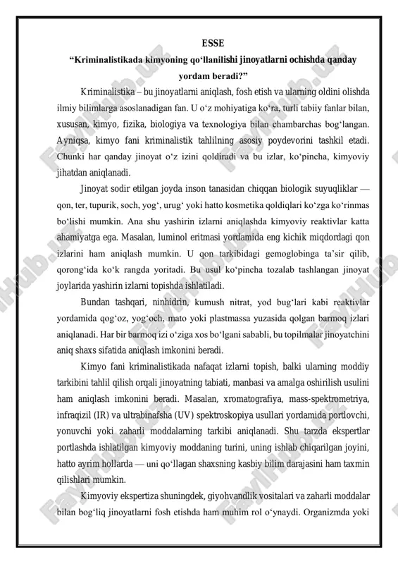 o‘z izini qoldiradi va bu izlar, ko‘pincha, kimyoviy jihatdan aniqlanadi. jinoyat sodir etilgan joyda inson tanasidan chiqqan biologik suyuqliklar — qon, ter, tupurik, soch, yog‘, urug‘ yoki hatto kosmetika qoldiqlari ko‘zga ko‘rinmas bo‘lishi mumkin. ana shu yashirin izlarni aniqlashda kimyoviy reaktivlar katta ahamiyatga ega. masalan, luminol eritmasi yordamida eng kichik miqdordagi qon izlarini ham aniqlash mumkin. u qon tarkibidagi gemoglobinga ta’sir qilib, qorong‘ida ko‘k rangda yoritadi. bu usul ko‘pincha tozalab tashlangan jinoyat joylarida yashirin izlarni topishda ishlatiladi. bundan tashqari, ninhidrin, kumush nitrat, yod bug‘lari kabi reaktivlar yordamida qog‘oz, yog‘och, mato yoki plastmassa yuzasida qolgan barmoq izlari aniqlanadi. har bir barmoq izi o‘ziga xos bo‘lgani sababli, bu topilmalar jinoyatchini aniq shaxs sifatida aniqlash imkonini beradi. kimyo fani kriminalistikada nafaqat izlarni topish, balki ularning moddiy tarkibini tahlil qilish orqali jinoyatning tabiati, manbasi va amalga oshirilish usulini ham aniqlash imkonini beradi. masalan, xromatografiya, mass-spektrometriya, infraqizil (ir) va ultrabinafsha (uv) spektroskopiya usullari yordamida portlovchi, …