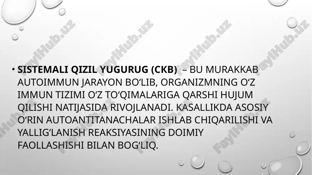 ing yomonlashuvi 2. teri belgilar • yuzda “kapalak shaklidagi” qizil toshma (burun va yonoqlar ustida) • quyosh nuri ta’sirida kuchayuvchi toshmalar (fotosensitivlik) • soch to‘kilishi (alopecia) • teri yaralari va pigmentatsiya o‘zgarishi bo‘g‘im belgilar (artrit) • qo‘l, tirsak, tizza va oyoq bo‘g‘imlarida og‘riq • bo‘g‘imlarning shishishi va qotishishi • artrit odatda simmetrik bo‘ladi labarator tekshiruv 1. umumiy qon tahlili (oak) • anemiya – gemoglobinning pasayishi • leykopeniya – leykotsitlar sonining kamayishi • trombositopeniya – trombotsitlar sonining kamayishi • eritrosit cho‘kish tezligi (echt/esr) – yuqori bo‘ladi 2. umumiy siydik tahlili (oam) • proteinuriya – siydikda oqsil borligi • gematuriya – siydikda qon bo‘lishi • silindrlar va hujayra elementlari • lupus nefritining belgisi 3. biokimyoviy tahlillar • buyrak faoliyatini baholash: • kreatinin va mochevina oshishi • jigar ko‘rsatkichlari: alt, ast o‘zgarishi • oqsillar: • giperalfa va gammaglobulinemiya • albumin pasayishi 4. immunologik tahlillar (asosiy) ana (antinuclear antibody) lupusga umumiy sezgir test, aksariyat …