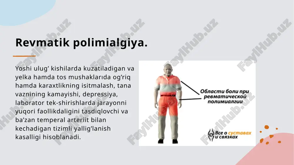 ng takrorlanishi, qaytalanishi ma’nosini anglatadi. vaqt o’tishi bilan bu guruh bemorlarning 30% da ra rivojlanadi. shu sababli ayrim mualliflar uni revmatoid artritni o’ziga xos intermetik boshlanishi deb ham ataydilar. palindrom revmatizm klinikasi. artrit xurujlari, aksariyat hollarda, kunning ikkinchi yarmida to’satdan boshlanib, bir-ikki soat ichida klinik belgilari to’liq namoyon bo’ladi. bir yoki ikkita bo’g’imda turli darajadagi og’riq, shish, bo’g’im atrofidagi terining qizarishi, harakatning bir oz chegaralanishi aniqlanadi. ko'pincha yelka, kaft-bilak, qo'l panjasini mayda, boldir tovon, tizza va jag bo'g'imlari hamda umurtqa pog'onasining bo'yin qismi shikast-lanadi. bo'g'im sindromi bilan bir vaqtning o'zida periartikulyar o'zgarishlar (tovonni, barmoq yostiqchalarini, axillov payi, yelka oldi sohani yoyiluvchi va yig'iluvchi yuzalarida bir oz shish va og'riq) kuzatiladi. tashxis kasallikni o’ziga xos “yashin tezligida” boshlanishi, qisqa vaqt davom etuvchi xuruj, tizimli shikastlanish belgilarini kuzatilmasligi, bo’g’im oldi to’qimalaridagi qattiq shish kabi belgilarga asoslangan holda qo’yiladi. ertalabki karaxtlik, bo’g’im xurujlari orasida echtning birmuncha ko’tarilishi ham, har bir xurujda bir bo’g’imning, …