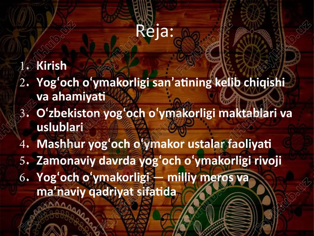 farg‘ona o‘ymakorligi esa soddaligi va nafisligi bilan ajralib turadi. ustalar yog‘ochni jilvirlab, tabiiy shaklini saqlab qolgan holda o‘yma naqshlar bilan bezaydilar. har bir maktab o‘z hududining madaniyati, tabiati va tarixiy ruhini o‘zida mujassam etadi. mashhur yog‘och o‘ymakor ustalar faoliyati o‘zbekiston tarixida ko‘plab mashhur yog‘och o‘ymakor ustalar yetishib chiqqan. ulardan usta shirin murodov, usta qudratulla xo‘jayev, usta rahim oxunov, usta muhammad sodiq kabi san’atkorlar o‘z davrining eng mohir hunarmandlari bo‘lgan. masalan, usta shirin murodov xivada faoliyat yuritib, ichan-qal’a obidalarining eshik va ustunlarini o‘yma naqshlar bilan bezagan. usta shirin murodov, usta rahim oxunov usta qudratulla xo‘jayev esa toshkentdagi tarixiy binolarda o‘zining nozik naqshlarini qoldirgan. ularning ishlari bugungi kunda ham san’at muzeylari va tarixiy obidalarda saqlanib, xalq amaliy san’atining yuksak namunasi sifatida qadrlanadi. zamonaviy davrda yog‘och o‘ymakorligi rivoji bugungi kunda yog‘och o‘ymakorligi o‘zbekistonda o‘zining yangi bosqichiga ko‘tarilgan. xalq amaliy san’ati maktablarida, hunarmandlar markazlarida bu san’at turi yosh avlodga o‘rgatilmoqda. ko‘plab zamonaviy ustalar, jumladan …