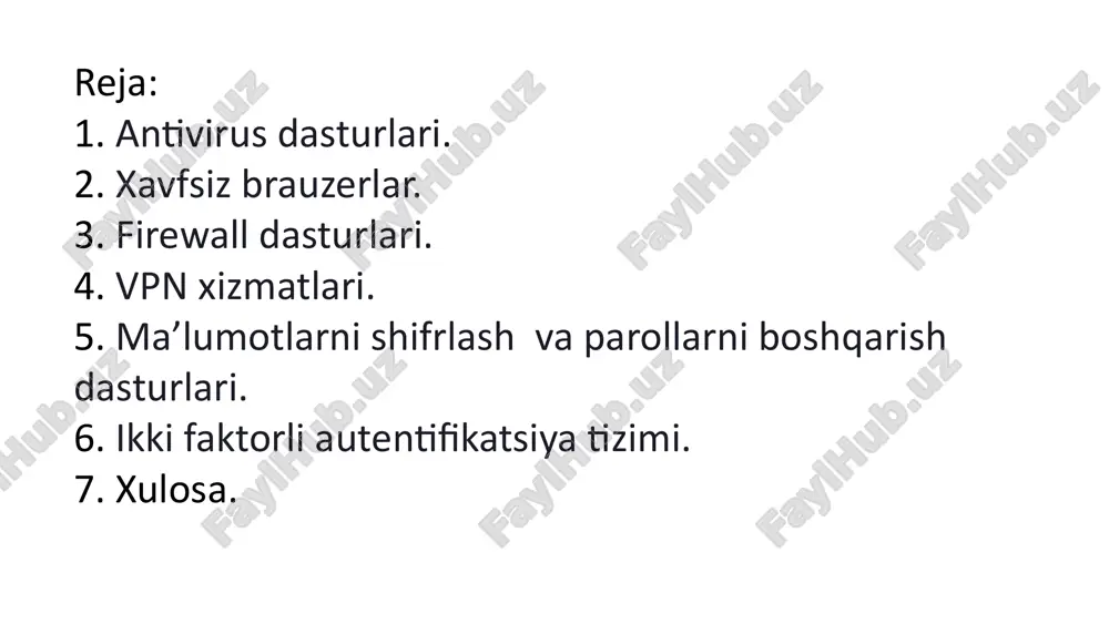 italaridan biri hisoblanadi. ular nafaqat viruslarni, balki troyanlar, keyloggerlar va boshqa turdagi zararli dasturiy taʼminotlarni ham aniqlab, bartaraf etadi. bunday dasturlar qurilmaning ishlash samaradorligini oshirish va shaxsiy maʼlumotlarni himoya qilish uchun muhim ahamiyatga ega. 5 xavfsiz brauzerlar 1 xavfsiz ulanish https protokolidan foydalanish orqali maʼlumotlar uzatilishini shifrlaydi va xakerlarning ularni ushlab qolishining oldini oladi. 2 kuki boshqaruvi foydalanuvchilarga saytlar tomonidan oʻrnatilayotgan kukilarni nazorat qilish va keraksizlarini bloklash imkonini beradi. 3 reklama blokirovkasi zararli reklamalarni va kuzatuvchi skriptlarni bloklash orqali foydalanuvchi xavfsizligini oshiradi va trafik sarfini kamaytiradi. 4 maxfiylik rejimi brauzing tarixini saqlamasdan ishlash imkoniyatini beradi, bu esa shaxsiy maʼlumotlar xavfsizligini taʼminlaydi. xavfsiz brauzerlar mobil qurilmalarda internet-resurslardan foydalanish xavfsizligini sezilarli darajada oshiradi. ular nafaqat maʼlumotlar uzatilishini himoyalaydi, balki foydalanuvchining shaxsiy maʼlumotlarini ham himoya qiladi. bunday brauzerlar odatda qoʻshimcha xavfsizlik funksiyalariga ega boʻlib, ular foydalanuvchilarga oʻz onlayn faoliyatlarini yanada xavfsizroq va shaffofroq boshqarish imkonini beradi. 6 firewall dasturlari tarmoq monitoringi firewall dasturlari …
