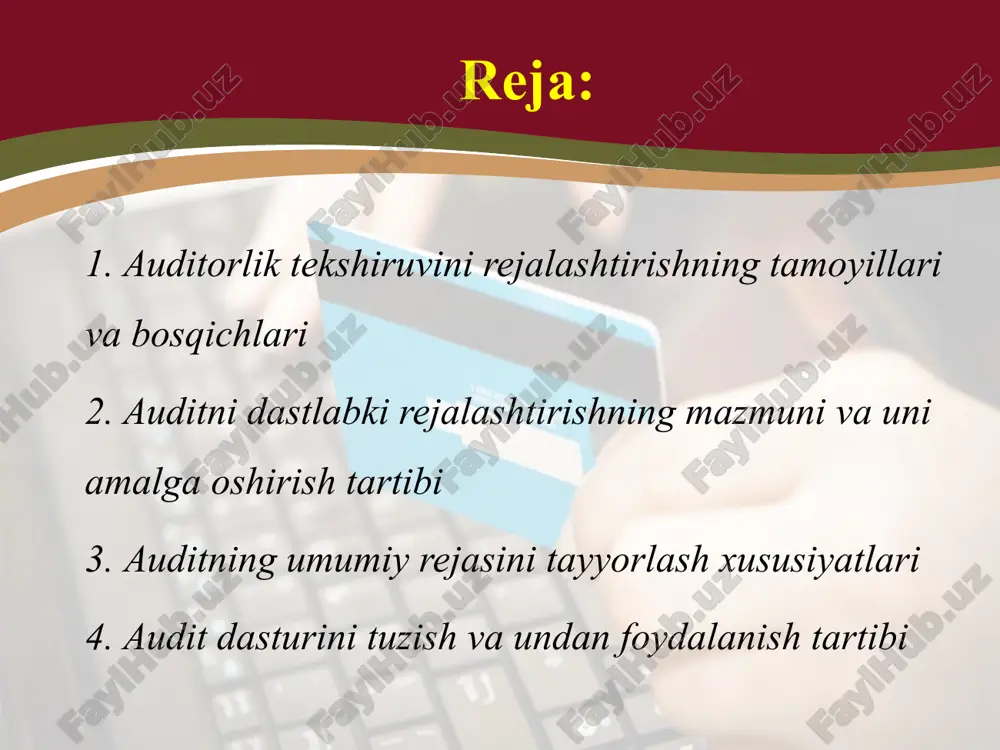 auditorlar tomonidan mazkur standartga muvofiq auditorlik tekshiruvining rejalashtirilishi natijasida, ular tomonidan tekshiruvlarni oldindan puxta belgilangan ketma-ketlik asosida o’tkazilishiga «auditni rejalashtirish» nomli 300-sonli standartga muvofiq, auditorlik tekshiruvini rejalashtirish jarayoni quyidagi bosqichlarda amalga oshirilishi lozim: 1. auditni dastlabki rejalashtirish 2. auditning umumiy rejasini tayyorlash 3. audit dasturini tayyorlash rejalashtirish auditorlik guruhi rahbari tomonidan audit o’tkazishning umumiy tamoyillari kabi, xususiy tamoyillariga ham muvofiq amalga oshirilishi lozim. maqbullik uzluksizlik uyg’unlik uyg’unlik tamoyili auditning dastlabki rejasini tuzishdan tortib, to umumiy rejasi va dasturini tuzgunga qadar bo’lgan barcha bosqichlarning o’zaro bog’liqligi va muvofiqligini ta’minlashni nazarda tutadi. rejalashtirishning uzluksizlik tamoyili tekshiruvda ishtirok etadigan auditorlarga kelishilgan topshiriklar belgilanishi va rejalashtirish bosqichlarining muddatlar hamda tarkibiy bo’linmalar bo’yicha bog’liqligida ifodalanadi. auditni rejalashtirishning maqbullik tamoyili shundan iboratki, rejalashtirish chog’ida auditorlik tashkiloti o’zi belgilagan mezonlar asosida auditning umumiy rejasi va dasturidan maqbulini tanlash imkoniyatiga ega bo’lishi zarur. 2.auditni dastlabki rejalashtirishning mazmuni va uni amalga oshirish tartibi auditni rejalashtirish nomli 300-son axsga asosan …