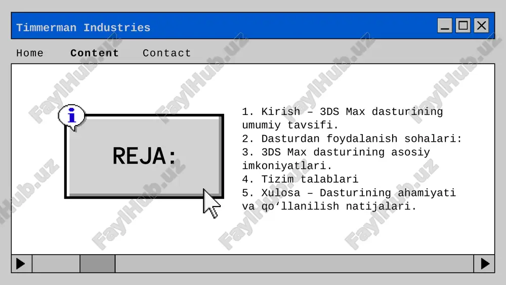 da yaratilgan vizualizatsiyalar loyihaning real ko‘rinishini mijozga taqdim etishda juda katta ahamiyatga ega. b) kino va animatsiya sanoati 3ds max ko‘plab kino studiyalari tomonidan vizual effektlar (vfx) va 3d animatsiyalar yaratishda qo‘llaniladi. misol uchun: personaj animatsiyasi; portlash, tutun, suv, yong‘in kabi tabiiy effektlarni yaratish; virtual muhit va sahnalar ishlab chiqish imkonini beradi. timmerman industries home content contact c) o‘yin sanoati (game development) ko‘plab o‘yin ishlab chiquvchilar 3ds max dasturidan 3d modellar, xaritalar va muhitlar yaratishda foydalanadilar. o‘yinlardagi qahramonlar, binolar, transport vositalari va boshqa obyektlar aynan shu dasturda tayyorlanadi. dastur unity, unreal engine kabi o‘yin dvijoklariga eksport qilishni qo‘llab-quvvatlaydi. timmerman industries home content contact d) reklama va marketing reklama agentliklari 3ds max yordamida mahsulotlarning 3d vizualizatsiyasini yaratadi. masalan: avtomobil, telefon, kiyim-kechak va boshqa mahsulotlarning 3d modellari; dinamik reklama roliklari; virtual sahnalar va harakatli bannerlar ishlab chiqiladi. timmerman industries home content contact e) muhandislik va texnik loyihalash 3ds max texnik mutaxassislar uchun …