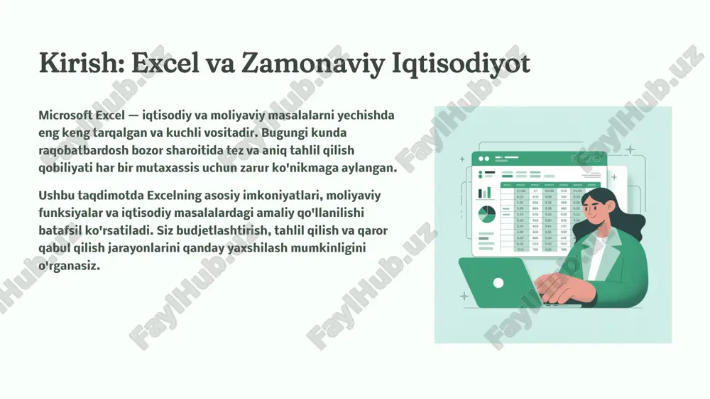 katta/kichik qiymat. bu funksiyalar xarajatlar, daromadlar va boshqa iqtisodiy ko'rsatkichlarni tezda hisoblash uchun ishlatiladi. mantiqiy funksiyalar if — shartli hisoblashlar, and/or — murakkab shartlar, vlookup/xlookup — ma'lumotlarni qidirish. narxlash strategiyalari va chegirmalarni hisoblashda juda foydali. moliyaviy funksiyalar pmt — to'lovlarni hisoblash, npv — hozirgi qiymat, irr — ichki daromadlilik darajasi, fv — kelajak qiymati. investitsiya loyihalarini baholashda muhim ahamiyatga ega. ma'lumotlarni tahlil qilish vositalari filtrlash va saralash autofilter yordamida ma'lumotlarni tez va oson saralash mumkin. bir nechta mezonlar bo'yicha filtrlash orqali kerakli ma'lumotlarni topish osonlashadi. sort funksiyasi orqali raqamlar, sanalar va matnlarni tartiblash. pivot jadvallar katta hajmdagi ma'lumotlarni umumlashtirish va tahlil qilishning eng kuchli vositasi. rows, columns, values va filters maydonlarini moslashtirib, turli burchaklardan tahlil qilish imkoniyati. dinamik hisobotlar yaratish. grafiklar va diagrammalar ma'lumotlarni vizual ko'rinishda taqdim etish uchun 10 dan ortiq grafik turlari mavjud: ustunli, chiziqli, donut, punktli va boshqalar. dinamik grafiklar yaratish orqali ma'lumotlar o'zgarishini real vaqtda kuzatish. …