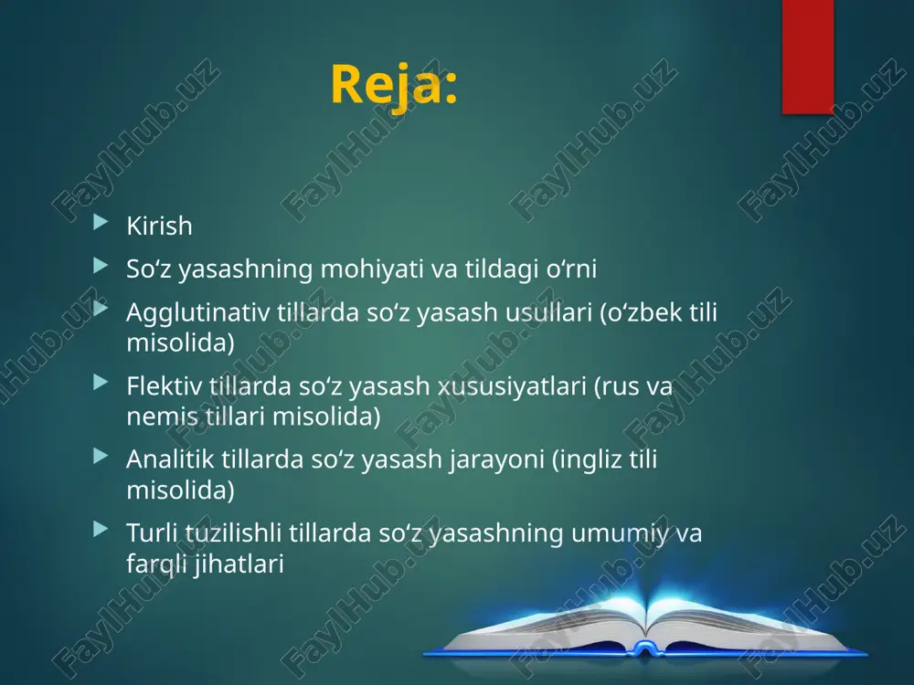 ‘shilib, yangi ma’no va grammatik shakl hosil qilinadi. masalan, “yoz” fe’lidan “yozuvchi”, “yozilgan”, “yozuvchi-lik” kabi yangi so‘zlar yasaladi. bu tizimning afzalligi – morfemalarning mustaqil va aniq ma’noga egaligidir. har bir affiks ma’lum vazifani bajaradi, natijada so‘z tuzilishi murakkablashadi, lekin ma’no aniqligi saqlanib qoladi. agglutinativ tillarda so‘z yasash tartibli, qoidaviy va tizimli jarayon sifatida ajralib turadi. flektiv tillarda so‘z yasash xususiyatlari (rus va nemis tillari misolida) flektiv tillarda morfemalar mustaqil emas, balki o‘zaro birlashgan holda bir necha grammatik ma’noni bildiradi. masalan, rus tilida “pisat” (yozmoq) so‘zidan “pisatel”, “napisat”, “zapis” kabi shakllar yasaladi. bunda ildiz va qo‘shimchalar o‘zaro fonetik o‘zgarishlarga uchraydi. bu turdagi tillarda so‘z yasashning asosiy usullari — prefiksatsiya, suffiksatsiya, postfiksatsiya va ichki fleksiyadir. flektiv tizimda morfemalar o‘rtasidagi bog‘lanish kuchli, ammo aniqlik kamroq bo‘lishi mumkin. shunga qaramay, bu usul so‘z ma’nosini nozik tarzda o‘zgartirish imkonini beradi. analitik tillarda so‘z yasash jarayoni (ingliz tili misolida) analitik tillarda, jumladan ingliz tilida, so‘z yasash …