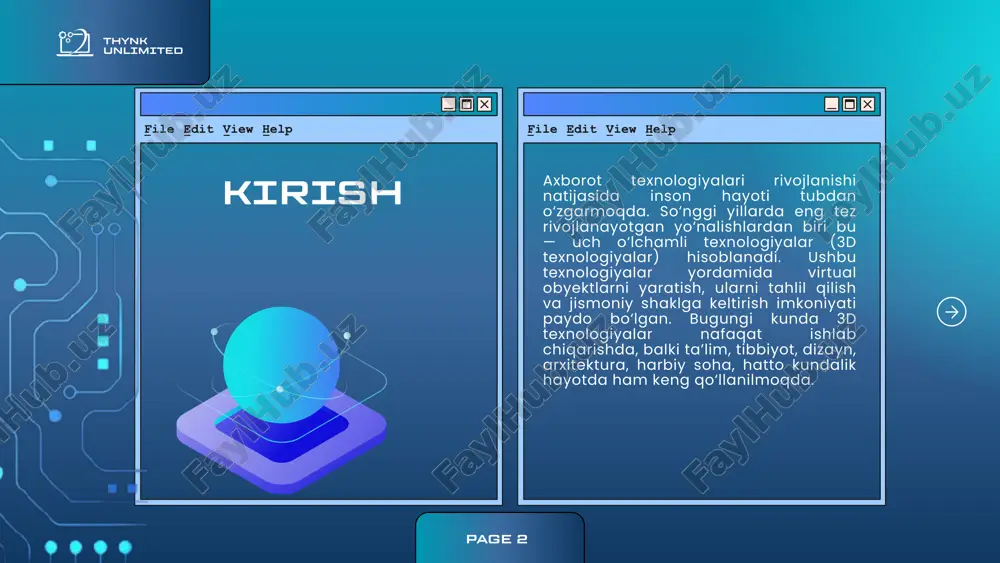 agan. 1960–1970-yillarda kompyuter grafikasi sohasidagi dastlabki tajribalar 3d modellashtirish asoslarini yaratdi. 1980-yillarda esa cad (computer aided design) dasturlari ishlab chiqilib, 3d modellarni yaratish amaliy jihatdan qo‘llanila boshlandi. 1990-yillardan boshlab 3d texnologiyalar kino, o‘yin va reklama sohalariga kirib keldi. xxi asrga kelib esa 3d printerlarning yaratilishi bu texnologiyani butunlay yangi bosqichga olib chiqdi. thynk unlimited page 7 3d chop etish (3d printing) 3d printer yordamida kompyuterda yaratilgan modelni jismoniy obyekt sifatida bosib chiqarish texnologiyasidir. bu ishlab chiqarishning “additiv” usuliga asoslanadi — ya’ni obyekt qatlamma-qatlam hosil qilinadi. thynk unlimited page 8 3d texnologiyalarda ishlatiladigan dasturiy vositalar bugungi kunda 3d sohasida ko‘plab maxsus dasturlar mavjud. eng mashhurlari quyidagilar: autocad – muhandislik va qurilish sohalarida loyihalash uchun; blender – bepul va keng imkoniyatli 3d modellashtirish dasturi; solidworks – mexanik qismlar va qurilmalar dizaynida; 3ds max – arxitektura va animatsiya uchun; zbrush – organik modellar (masalan, inson yuzi) uchun ishlatiladi. thynk unlimited page 9 3d …