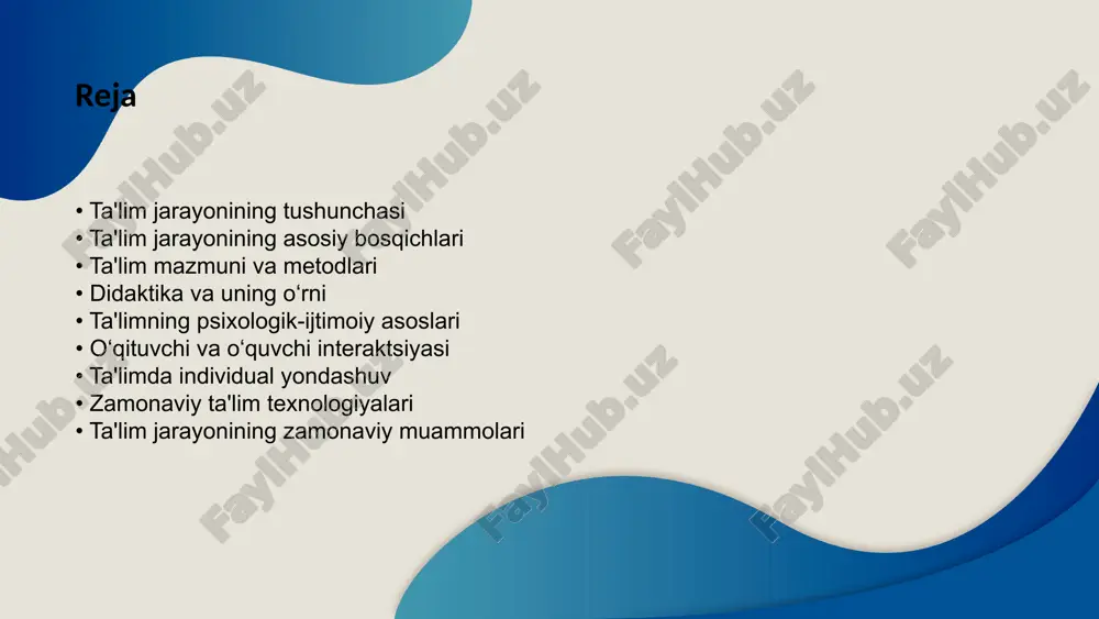 lib, qanday qilib bilimlarni samarali yetkazish, o‘quvchilarda mustahkam bilim hosil qilish mumkinligini o‘rganadi. didaktika ta’lim mazmuni, metodlari va jarayonining tashkiloti bilan shug‘ullanadi. bu fan ta’lim tizimini rivojlantirishga hissa qo‘shadi. zamonaviy didaktika, yangi texnologiyalar va psixologik tadqiqotlar asosida pedagogik yondashuvlarga yangilik kiritishni nazarda tutadi. ta’lim jarayonida tizimlilik, izchillik, qulaylik, ongli va faol ishtirok kabi didaktik tamoyillar asos qilib olinadi. didaktika bo‘yicha xalqaro tajribalar, turli mamlakatlardagi innovatsion dasturlar, o‘zbek ta’lim jarayonida ham tatbiq qilinmoqda. ta'limning psixologik-ijtimoiy asoslari psixologik tamoyillar ta'lim jarayoni o‘quvchilarning psixologik rivojlanish xususiyatlari, e'tibor, xotira va tafakkurning shakllanishiga asoslanadi. ijtimoiy muhit va motivatsiya o‘quv jarayoni o‘quvchilarning oilasi, do‘stlari va ijtimoiy atrof-muhitiga bog‘liq tarzda shakllanadi. o‘rganishga motivatsiyalanuvchi muhit yaratish muhimdir. o‘qituvchi va o‘quvchi interaktsiyasi ta’lim jarayonining muvaffaqiyati o‘qituvchi va o‘quvchi o‘rtasidagi samarali hamkorlik va muloqotga bevosita bog‘liq. o‘qituvchining boshqaruvchilik va yo‘naltiruvchilik roli hamda o‘quvchining faol ishtiroki ta’lim natijalarini belgilaydi. jarayonda o‘zaro ishonch va hurmat muhitini yaratish, ijtimoiy-psixologik xavfsizlikni ta’minlash zarur. o‘qituvchining …