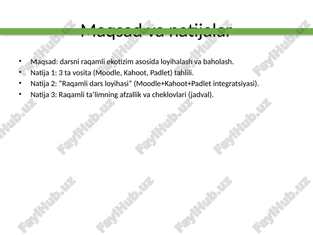 ash), kahoot (diagnostika), padlet (hamkorlik). resurslar: h5p interaktiv kontent, pdf/infografika, qisqa video. baholash: rubrika + treker; plagiatni tekshirish; exit-ticket. dars ssenariysi (45–90 daqiqa) 0–5 daq: maqsadlar va mezonlar; moodle’da qisqa ko‘rsatma. 5–12 daq: kahoot diagnostikasi (10 savol) — xatolar tahlili. 12–30 daq: mini-mazmun + h5p interaktiv blok (moodle). 30–42 daq: padlet’da kichik guruhlarda g‘oya/post yaratish; tengdosh fikri. 42–45 daq: 3-2-1 exit-ticket (kahoot yoki moodle forum). uyga vazifa: moodle’da topshiriq + rubrika; padlet galereyasini to‘ldirish. joriy etish bosqichlari 1-hafta: kurs tuzilmasi (moodle), baholash mezonlari va rubrikalar. 2-hafta: kontentni h5p/scorm ko‘rinishida joylash, sinovdan o‘tkazish. 3-hafta: kahoot savollari, padlet devori, sinf kodeksi (raqamli etik). 4-hafta: pilot dars, tahlil, tuzatish; keng joriy etish rejasi. rollar va mas’uliyatlar o‘qituvchi: dizayn, moderatsiya, rubrika bo‘yicha fikr-mulohaza. talaba: faol ishtirok, tengdosh fikri, akademik halollik. administrator/it: tizim barqarorligi, kirish huquqlari va zaxiralash. qo‘llab-quvvatlash: tezkor yordam, qisqa video yo‘riqnomalar. kpi va tahlil (analytics) ishtirok: loginlar, topshiriq topshirish ulushi, forum faolligi. …
