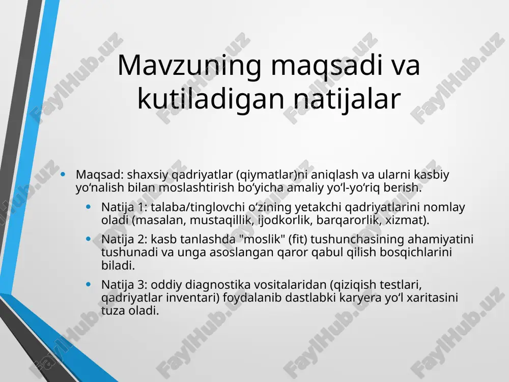 nishi. asosiy komponentlar: bilim (nazariya), ko‘nikma (amaliy), munosabat (motivatsiya va qadriyat), tajriba (portfolio). kompetensiya profili: texnik/sohaviy, raqamli savodxonlik, muloqot va jamoa, muammo yechish, o‘zini boshqarish. kompetensiyalar qadriyatlar bilan kuchaytiriladi: masalan, xizmat qadriyati kuchli bo‘lsa, mijozga yo‘naltirilgan ko‘nikmalar tezroq shakllanadi. holland riasec modeli: shaxs–kasb mosligi riasec turlari: r (realistic — amaliy), i (investigative — tadqiqot), a (artistic — ijodiy), s (social — ijtimoiy), e (enterprising — tashabbuskor), c (conventional — tartibli). har bir tur uchun mos ish muhiti: r — texnika va qo‘l mehnati; i — ilmiy tahlil; a — ijodiy studiya; s — xizmat va ta’lim; e — biznes va savdo; c — ofis va jarayonlar. amaliy mashq: o‘zingiz uchun 3 ta eng yaqin harf kombinatsiyasini yozing (masalan, ase) va unga mos 3 ta kasbni tanlang. riasec testining qisqa natijalari asosida fakultet yo‘nalishlari bilan moslashtirish mumkin. person–environment fit: moslik nazariyalari p–v (person–vocation): shaxs-kasb mosligi; p–o (person–organization): shaxs-tashkilot mosligi; p–j (person–job): …