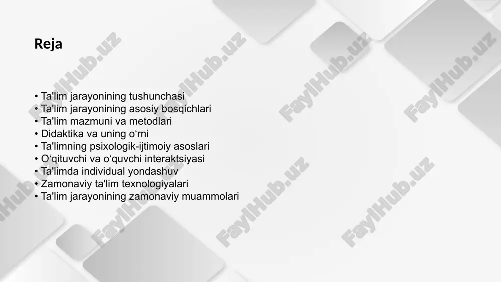 lib, qanday qilib bilimlarni samarali yetkazish, o‘quvchilarda mustahkam bilim hosil qilish mumkinligini o‘rganadi. didaktika ta’lim mazmuni, metodlari va jarayonining tashkiloti bilan shug‘ullanadi. bu fan ta’lim tizimini rivojlantirishga hissa qo‘shadi. zamonaviy didaktika, yangi texnologiyalar va psixologik tadqiqotlar asosida pedagogik yondashuvlarga yangilik kiritishni nazarda tutadi. ta’lim jarayonida tizimlilik, izchillik, qulaylik, ongli va faol ishtirok kabi didaktik tamoyillar asos qilib olinadi. didaktika bo‘yicha xalqaro tajribalar, turli mamlakatlardagi innovatsion dasturlar, o‘zbek ta’lim jarayonida ham tatbiq qilinmoqda. ta'limning psixologik-ijtimoiy asoslari psixologik tamoyillar ta'lim jarayoni o‘quvchilarning psixologik rivojlanish xususiyatlari, e'tibor, xotira va tafakkurning shakllanishiga asoslanadi. ijtimoiy muhit va motivatsiya o‘quv jarayoni o‘quvchilarning oilasi, do‘stlari va ijtimoiy atrof-muhitiga bog‘liq tarzda shakllanadi. o‘rganishga motivatsiyalanuvchi muhit yaratish muhimdir. o‘qituvchi va o‘quvchi interaktsiyasi ta’lim jarayonining muvaffaqiyati o‘qituvchi va o‘quvchi o‘rtasidagi samarali hamkorlik va muloqotga bevosita bog‘liq. o‘qituvchining boshqaruvchilik va yo‘naltiruvchilik roli hamda o‘quvchining faol ishtiroki ta’lim natijalarini belgilaydi. jarayonda o‘zaro ishonch va hurmat muhitini yaratish, ijtimoiy-psixologik xavfsizlikni ta’minlash zarur. o‘qituvchining …