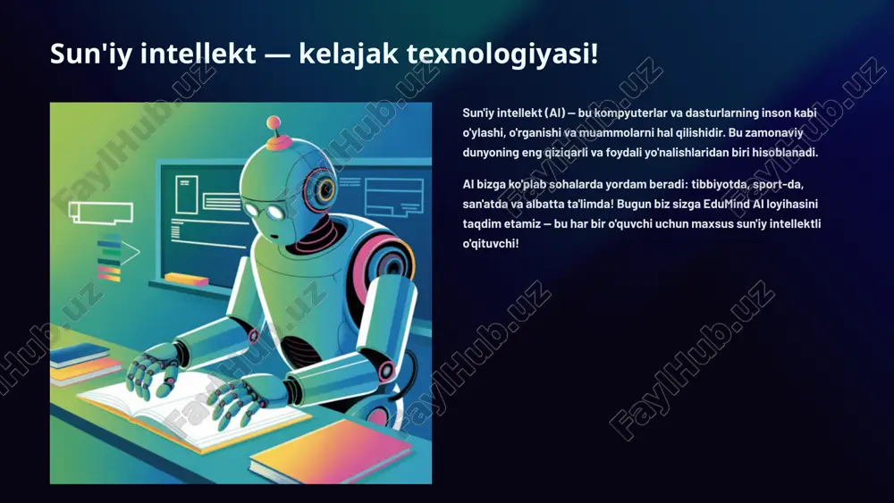 i o'rganadi! har bir darsdan keyin u o'quvchini yaxshiroq tushunadi va keyingi safar yanada foydali mashqlar taklif qiladi. edumind ai-ning super imkoniyatlari ai bilan dars takrorlash savollaringizni bering va ai tushuntiradi. masalan: "qo'shish qanday qilinadi?" test yaratish ai avtomatik ravishda testlar tuzadi va natijalarni baholaydi rivojlanish grafigi har hafta qanchalik o'sganingizni ko'ring va o'zingizdan mag'rur bo'ling! o'qituvchilar uchun panel o'qituvchilar sinfning umumiy natijalarini bir joyda ko'radilar o'yin usulida o'rganish ball to'plang, level oshiring va sovg'alar qo'lga kiriting! ovozli javob berish yozib bo'lmasangiz, gapiring — ai sizni eshitadi va tushunadi o'yin kabi qiziqarli — gamification! edumind ai oddiy dastur emas — bu o'yin! har bir to'g'ri javob uchun ball olasiz. balllar yig'ilganda yangi level ochiladi. har bir fanda alohida yutuqlar va medallar bor! ⭐ yulduzlar to'plang har bir bajarilgan mashq uchun yulduz qo'lga kiriting 🏆 medallar yutib oling maxsus topshiriqlarni bajaring va noyob medallar oling 📈 levellar oshiring yangi levelga chiqsangiz, …
