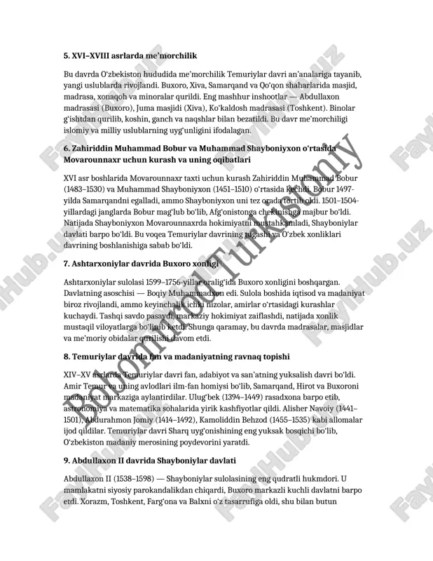 ashtarxoniylar sulolasining hokimiyat tepasiga kelishi xvi asr oxirlarida shayboniylar sulolasi zaiflashgach, ularning o‘rniga ashtarxoniylar (joniylar) sulolasi hokimiyatga keldi. 1599-yilda boqiy muhammadxon buxoro taxtiga chiqib, ashtarxoniylar sulolasiga asos soldi. ular ashtarxon (astraxan) shahridan movarounnaxrga ko‘chib kelgan o‘zbek urug‘laridan edi. sulola davrida markaz buxoro bo‘lib, iqtisodiy va madaniy hayot biroz tiklandi, ammo siyosiy parokandalik kuchaygan edi. 5. xvi–xviii asrlarda me’morchilik bu davrda o‘zbekiston hududida me’morchilik temuriylar davri an’analariga tayanib, yangi uslublarda rivojlandi. buxoro, xiva, samarqand va qo‘qon shaharlarida masjid, madrasa, xonaqoh va minoralar qurildi. eng mashhur inshootlar — abdullaxon madrasasi (buxoro), juma masjidi (xiva), ko‘kaldosh madrasasi (toshkent). binolar g‘ishtdan qurilib, koshin, ganch va naqshlar bilan bezatildi. bu davr me’morchiligi islomiy va milliy uslublarning uyg‘unligini ifodalagan. 6. zahiriddin muhammad bobur va muhammad shayboniyxon o‘rtasida movarounnaxr uchun kurash va uning oqibatlari xvi asr boshlarida movarounnaxr taxti uchun kurash zahiriddin muhammad bobur (1483–1530) va muhammad shayboniyxon (1451–1510) o‘rtasida kechdi. bobur 1497-yilda samarqandni egalladi, ammo shayboniyxon …