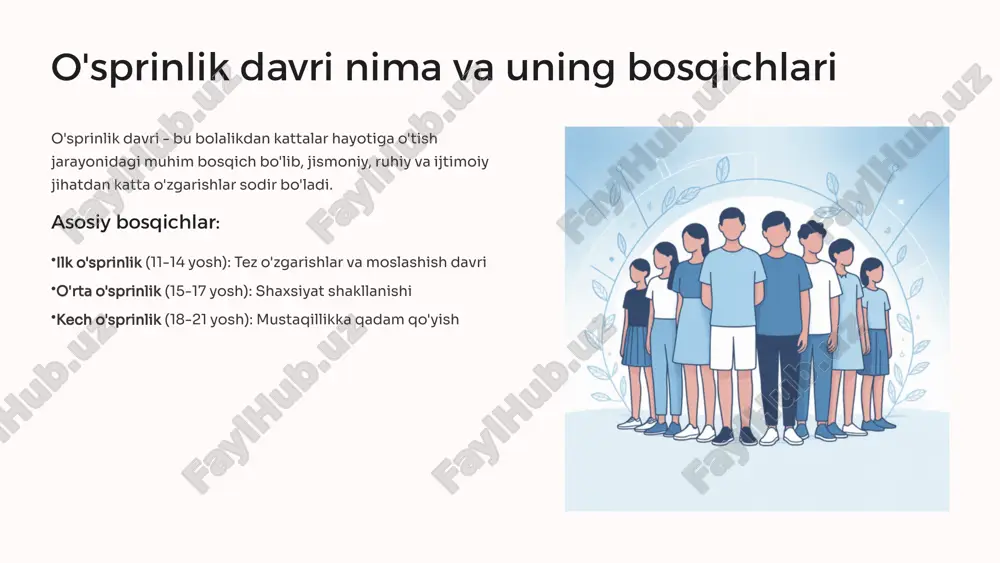belgilarning paydo bo'lishi teri va ovoz o'zgarishlari koordinatsiya va kuch oshishi psixologik ta'sir tashqi ko'rinishdan xavotirlanish tengdoshlar bilan taqqoslash o'ziga ishonchsizlik tanani qabul qilishda qiyinchiliklar ijtimoiy munosabatlardagi o'zgarishlar oila bilan aloqalar ota-onalarga qaramlik kamayadi, mustaqillik oshadi do'stlik munosabatlari tengdoshlar muhim rol o'ynay boshlaydi, do'stlar guruhi shakllanadi jamiyatdagi o'rni ijtimoiy rollar o'zlashtiriladi, o'z o'rni topiladi ota-onalar va bolalar o'rtasidagi munosabatlar 1 nazoratdan qochish o'smir ota-onalarning doimiy nazoratidan charchaydi va ko'proq erkinlik talab qiladi 2 tushunmovchiliklar fikr-mulohazalar farqi va avlodlar orasidagi tafovut konflikatlarga olib keladi 3 hurmat talab qilish o'smir o'ziga kattalar kabi munosabatda bo'lishni kutadi va hurmat istaydi 4 yangi muvozanat asta-sekin o'zaro tushunish va yangi munosabat shakli o'rnatiladi do'stlar va tengdoshlar bilan muloqot do'stlikning ahamiyati ilk o'sprinlikda do'stlar hayotning markaziga aylanadi. ular qo'llab-quvvatlash, tushunish va o'z o'rnini topishda yordam beradi. guruhga qo'shilish istagi o'smirlar qandaydir guruhga tegishli bo'lishni xohlaydi. bu ularning o'ziga ishonchini mustahkamlaydi va ijtimoiy ko'nikmalarini rivojlantiradi. tengdoshlar bosimi …