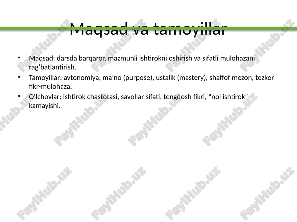 ollar bilan) rollar: savolchi, bayonchi, dalilchi, vaqt nazoratchisi — har mashg‘ulotda rotatsiya. rag‘bat: rollarni a’lo bajarish uchun tez rubrika balli. o‘lchov: ishtirok tengligi va rollar aylanishi. 8) mahsulotga yo‘naltirilgan o‘qish + ommaviy namoyish qadamlar: poster/viki/podkast/video tayyorlash → sinf/onlayn galereyada namoyish. rag‘bat: “eng foydali”, “eng aniq”, “eng chiroyli dizayn” nishonlari. o‘lchov: tengdosh fikri, auditoriya reaktsiyasi, mezonlar bo‘yicha baho. 9) sokratik doira + warm/cool mulohaza qoidalar: dalil manbasi, muloqot madaniyati, so‘z navbatini hurmat qilish. rag‘bat: “eng chuqur savol”, “eng puxta dalil” yorliqlari. o‘lchov: savollar chuqurligi, tinglash ko‘nikmasi, dalil sifati. 10) ustalik trekeri + o‘quv shartnomasi qadamlar: shaxsiy maqsadlar, muddatlar, yordam resurslari, qayta urinishlar. rag‘bat: yuqori bosqichga chiqish uchun bonus vazifa/imtiyoz. o‘lchov: maqsadga erishish foizi, qayta topshirish samarasi. 11) 3-2-1 exit ticket + qisqa mulohaza qadamlar: 3 bilganim, 2 savolim, 1 amaliy qadam — dars oxirida. rag‘bat: eng amaliy 1-qadam uchun kichik ball yoki imtiyoz. o‘lchov: keyingi darsda qo‘llash foizi, murakkab savollar soni. …