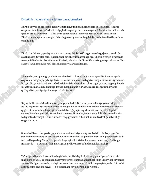 ‘quvchi bilimni nafaqat yodlaydi, balki uni real hayotda qo‘llashni o‘rganadi. bugungi ta’lim tizimi ham aynan shunday yo‘nalishga intilmoqda — o‘quvchini faol, mustaqil va ijodkor shaxs sifatida shakllantirishga. ta’lim paradigmalari esa ta’limning falsafasini ifodalaydi. an’anaviy paradigma o‘qituvchini markazga qo‘yadi, o‘quvchi esa passiv tinglovchi sifatida qaraladi. bu tizim uzoq yillar davomida samarali bo‘lgan bo‘lsa-da, hozirgi zamon uchun mos emas. chunki bugungi o‘quvchi o‘qituvchi aytgani bilan cheklanmaydi — u o‘zi izlanadi, savol beradi, fikr yuritadi. gumanistik paradigma menga juda yoqadi. bu yondashuvda o‘quvchi ta’lim jarayonining markazida turadi. har bir bola o‘z dunyosiga, o‘z qobiliyatiga ega. o‘qituvchi esa unga yordam beruvchi, yo‘l ko‘rsatuvchi sifatida faoliyat yuritadi. menimcha, shunday muhitda bola o‘zini erkin his qiladi, mustaqil fikrlashni o‘rganadi va o‘z imkoniyatlarini to‘liq ro‘yobga chiqaradi. yana bir zamonaviy yondashuv bu konstruktivistik paradigma. bu tizimda bilim tayyor shaklda berilmaydi, balki o‘quvchi uni o‘zi yaratadi. tajriba, muammoli vaziyatlar va guruhiy ishlar orqali u o‘zi xulosa chiqaradi. menimcha, bu …
