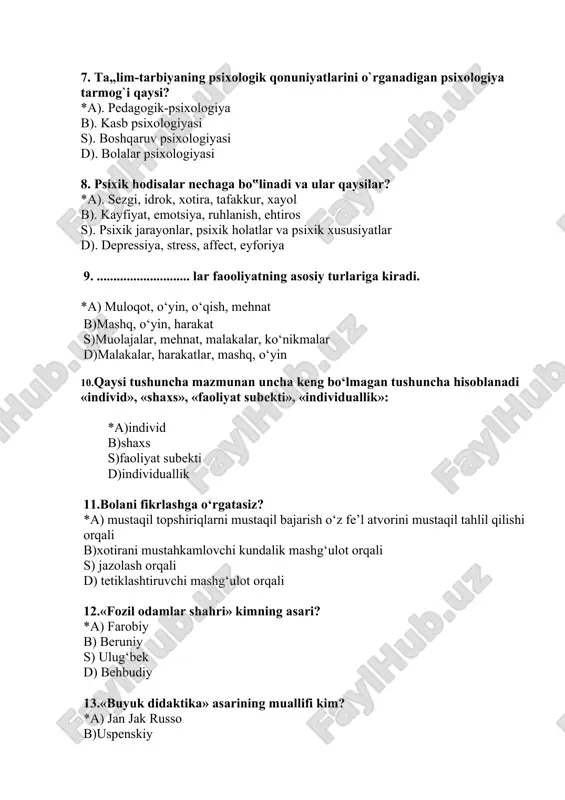 ajalar, mehnat, malakalar, ko‘nikmalar d)malakalar, harakatlar, mashq, o‘yin 10.qaysi tushuncha mazmunan uncha keng bo‘lmagan tushuncha hisoblanadi «individ», «shaxs», «faoliyat subekti», «individuallik»: *a)individ b)shaxs s)faoliyat subekti d)individuallik 11.bolani fikrlashga o‘rgatasiz? *a) mustaqil topshiriqlarni mustaqil bajarish o‘z fe’l atvorini mustaqil tahlil qilishi orqali b)xotirani mustahkamlovchi kundalik mashg‘ulot orqali s) jazolash orqali d) tetiklashtiruvchi mashg‘ulot orqali 12.«fozil odamlar shahri» kimning asari? *a) farobiy b) beruniy s) ulug‘bek d) behbudiy 13.«buyuk didaktika» asarining muallifi kim? *a) jan jak russo b)uspenskiy s)komenskiy d) farobiy 14.o‘quv faoliyati motivlari nimalardan iborat *a)bilimlarga bo‘lgan ehtiyoj bilan, jamiyatga foyda keltirishga intilish bilan, shuningdek mana shu faoliyatga nisbatan ijobiy munosabatlarni tug‘dirish bilan bog‘liq bo‘lgan turtkidir. b)insonning muayyan faolligi manbalari bilan bog‘liq bo‘lgan ehtiyoj bilan belgilanadi. s)talab, kutish va imkoniyatlar kabi inson faolligining manbalari bilan bog‘langan o‘kuv faoliyatiga bo‘lgan turtkidir. d)qiziqish, intilish, ustanovka, e’tiqod va dunyoqarash bilan belgilanadigan insonning faollik manbalari bilan bog‘liq o‘kuv faoliyatiga bo‘lgan turtkidir. 15.ta’lim jarayoniga ta’sir etuvchi …