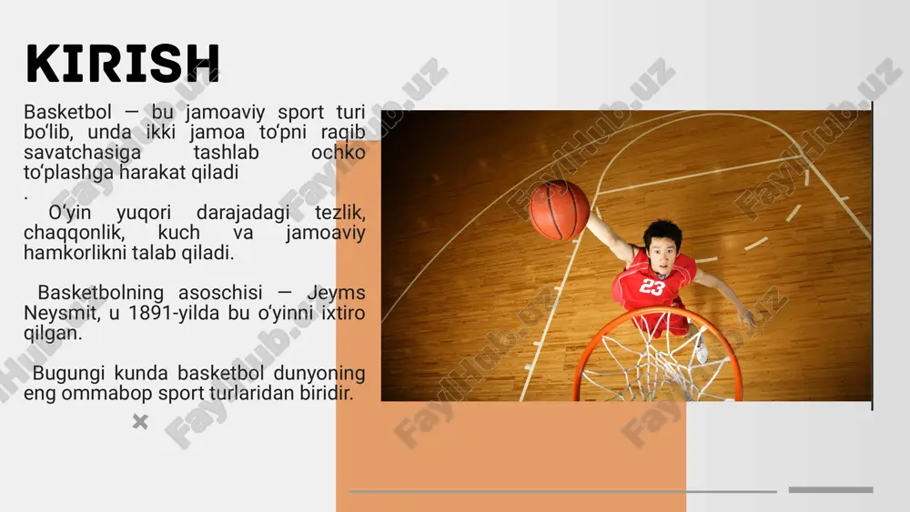 r biri 10 daqiqa (fiba bo‘yicha). asosiy o‘yin qoidalari 1. to‘pni faqa qo‘l bilan boshqarish mumkin. 2. to‘pni yurib olib borish – dribling deb ataladi. 3. bir o‘yinchi to‘pni qo‘lida 5 soniyadan ortiq ushlab tura olmaydi. 4. o‘yinchi 3 soniyadan ortiq raqib savatchasi yaqinidagi hududda tura olmaydi. 5. 8 soniya qoidasi – jamoa to‘pni o‘z maydonidan raqib maydoniga 8 soniyada o‘tkazishi kerak. 6. 24 soniya qoidasi – jamoa hujumni 24 soniyada yakunlashi shart. qoidabuzarliklar va jazolar foul (qo‘pol o‘yin) – raqibga urish, itarish, to‘siq qo‘yish. 2. texnik foul – sport etikasiga zid xatti-harakatlar. 3. jarima zarbasi – foul sodir etilgan jamoaga beriladi. 4. 5 ta shaxsiy foul olgan o‘yinchi o‘yindan chetlashtiriladi. 5. jamoa har bir davrda 4 tadan ortiq foul qilsa, keyingi foul uchun jarima to‘pi belgilanadi. hakamlar va o‘yin davomiyligi o‘yinni odatda 3 nafar hakam boshqaradi: bosh hakam ikki yon hakam shuningdek, sekundant, hisobchi, statistik va zaxira hakam ham …
