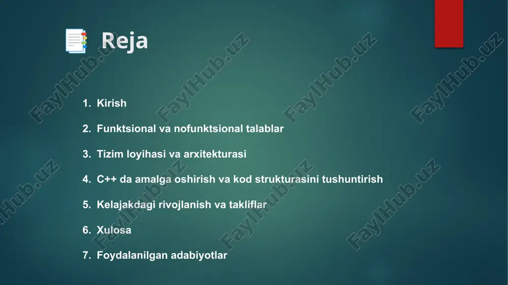 iflaydi. kitob do'koni tizimi quyidagi funksiyalarni bajarishi kerak: kitoblarni qidirish va filtrlash: foydalanuvchi kitoblarni nomi, muallifi, narxi yoki turiga ko'ra qidirish va filtrlash imkoniyatiga ega bo'lishi kerak. buyurtma berish: foydalanuvchi kitobni savatga qo'shish va buyurtma berish imkoniyatiga ega bo'lishi kerak. to'lov tizimi: kitoblar uchun to'lovlarni amalga oshirish, masalan, kredit kartasi yoki elektron to'lov tizimlari orqali. buyurtmalarni boshqarish: foydalanuvchi o'zining buyurtmalarini ko'rish, ularni tahrirlash yoki bekor qilish imkoniyatiga ega bo'lishi kerak. maxsus takliflar va chegirmalar: mijozlarga maxsus chegirmalar yoki takliflarni ko'rsatish. nofunktsional talablar nofunktsional talablar tizimning qanday ishlashini ta'riflaydi. kitob do'koni tizimi uchun asosiy nofunktsional talablar quyidagilardan iborat: samaradorlik (performance): tizim tez ishlashi kerak, foydalanuvchilar kutmasdan kitoblarni qidirish va buyurtma berishni amalga oshirishlari lozim. xavfsizlik (security): mijozlarning ma'lumotlari, shu jumladan to'lov ma'lumotlari, xavfsiz saqlanishi kerak. kengaytirilish (scalability): tizim yuqori talablarni bajarish uchun kengaytirilishi mumkin bo'lishi kerak, masalan, ko'proq foydalanuvchi yoki kitoblar qo'shilsa. ishonchlilik (reliability): tizim doimiy ravishda ishonchli bo'lishi kerak, hech …