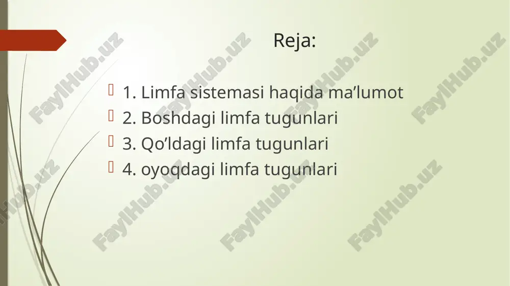 unlar; 2. nodi parasternales - ko‘krak qafasining old devori limfa tugunlari; 3. nodi phrenici superiores - diafragmadagi ustki limfa tugunlar; 4. nodi lymphatici param am m aria - oldingi devorning tashqi yuzasi - sut bezi atrofidagi limfa tugunlari. qorin devori ust qismidan limfa tomirlari qomtiq osti limfa tugunlari - nodi lymphatici axillaresga quyiladi. qorin devori pastki qism laridan limfa tom irlari chov sohasidagi limfa tugunlari nodi lymphatici inguinalesga quyiladi. qorin bo‘shlig‘idagi lim fa tugunlari qorin devorining ichki yuzasidagi parietal limfa tugun­lariga va qorin bo‘shlig‘idagi a ’zolarning lim fa tugunlari visseral lim fa tugunlariga bominadi. parietal limfa tugunlari qorin aortasi hamda pastki kavak vena atrofida joylashadi va bel sohasi­ning limfa tugunlari nodi lymphatici lumbales deb ataladi. qorindagi parietal limfa tugunlari: 1) nodi lumbales sinistri - belning chap tugunlari quyidagi.tugunlardan hosil bomadi: a) nodi aortici laterales - aorta sohasidagi yon tugunlar; b) nodi preaortici - aorta oldidagi tugunlar; d) nodi retroaortici - …