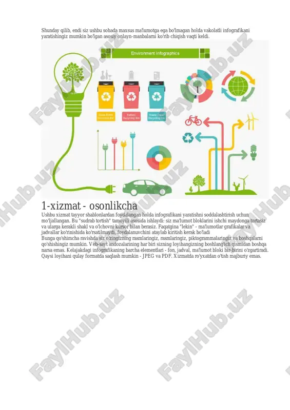 rlari mavjudligini o'rganish yaxshiroq, biz buni qilamiz. infografikaning turlari shunday qilib, barcha infografika 4 turga bo'linadi. infografik qo'llanma. ushbu turdan foydalanib, jarayonni tushuntirish yoki biror narsani o'rgatish uchun harakatlar ketma-ketligini ko'rsatishingiz mumkin. ma'lumotlarning butun qatorini tavsiflash uchun ramziy sxemalar yoki grafikalar yordam beradi. har qanday ko'rsatmalarda ushbu tur juda keng qo'llaniladi. dinamik infografika.ushbu ko'rinish jarayon yoki rivojlanish dinamikasini aks ettirish uchun mo'ljallangan. ko'pincha u ijtimoiy yoki iqtisodiy ko'rsatkichlarni ingl. statik infografika. qanday qilib raqamli ma'lumotlar va ilmiy dalillarni vizual qilish, shuningdek ularning bir- biriga bo'lgan munosabati? statik infografikani tuzing. qoidaga ko'ra, ular diagrammalar, diagrammalar va boshqa oddiy shakllarga ega. video infografikasi.bu infografika yo'nalishidagi eng so'nggi zamonaviy tendentsiyalardan biri bo'lib, murakkab ko'p darajali ma'lumotlarni tomoshabinlarga vizual ravishda taqdim etishga yordam beradi. u deyarli barcha xilma-xil ma'lumotlarni vizuallashtirish yo'nalishlarini birlashtirib, ularni o'qish tufayli inson ongiga joylashtirishi mumkin. qoida tariqasida, ma'lumotlarning qariyb 80 foizi birinchi ko'rishda eslab qoladi. ushbu turdagi infografika tomoshabin tomonidan …