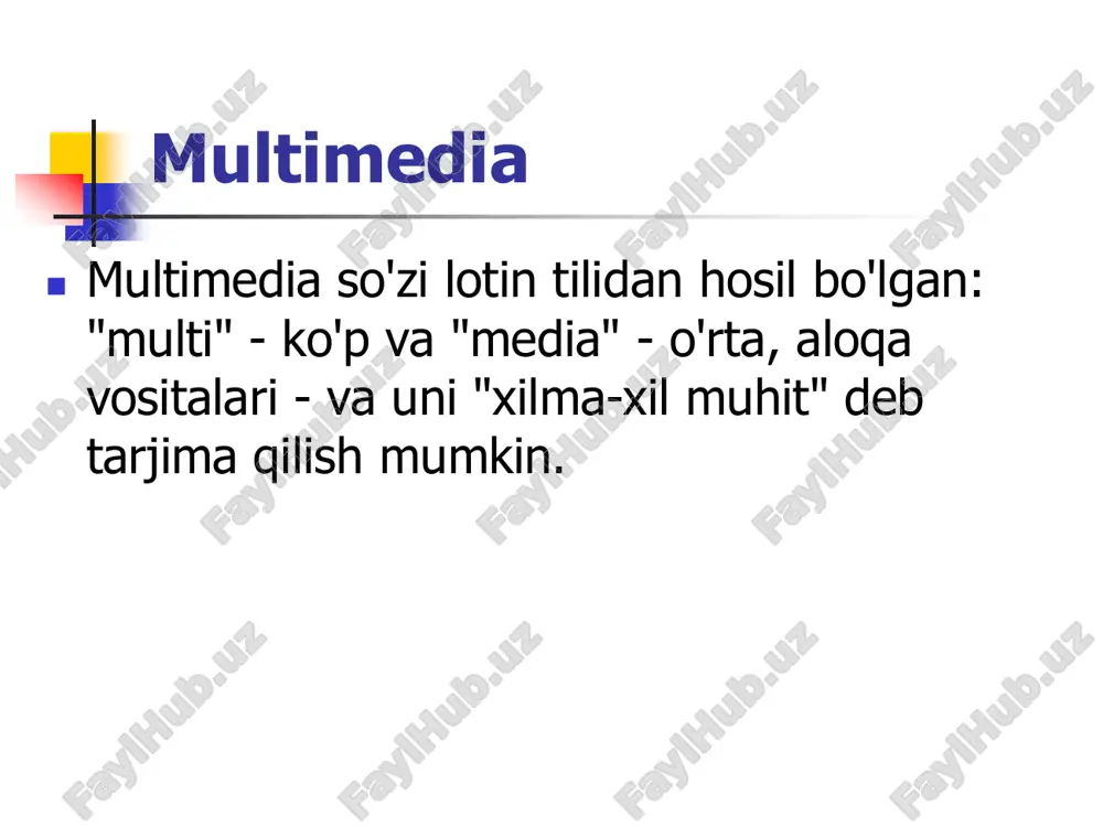 ari;  rasmni qayta ishlash;  videoni qayta ishlash; multimedia programma  multimedia dasturlarini ishlab chiqish uchun ko'plab dasturiy vositalar mavjud. afsuski, ularning barchasini ro'yxatga olish mumkin emas, biz faqat eng keng tarqalgan dasturlarga e'tibor qaratamiz. ularni bir nechta toifalarga bo'lish mumkin: multimedia programma  rasm yaratish va qayta ishlash vositalari;  animatsiyani yaratish va qayta ishlash vositalari, 2d., 3d. - grafikalar;  video tasvirlarni yaratish va qayta ishlash vositalari (videoni tahrirlash, 3d.-titrlar);  ovoz yaratish va qayta ishlash vositalari;  taqdimot yaratish vositalari;  kompyuter multimedia texnologiyalari raqamli audio va video yozuvlarni yaratish va ijro etish vositasidir. videoni yaratish va qayta ishlash vositalari hozirda videoning ikki turi mavjud: analog va raqamli. televizordagi analog video signal har bir kvadrat uchun 625 ta chiziqni o'z ichiga oladi, bu kvadrat o'lchamlari nisbati 4 x 3 ga teng, bu televizor standartiga mos keladi.hayotiy videoregistratorlarda signallarning dekodlanishini osonlashtirish uchun ulardagi ma'lumot miqdori cheklangan, bu …