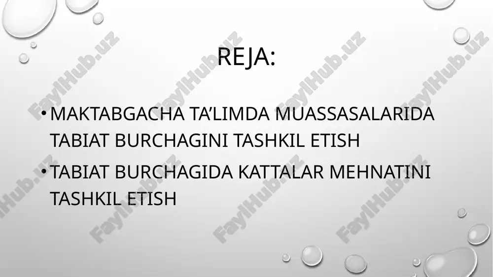 g kichik tafsilotlargacha o'ylash kerak. tabiiyki, sanitariya me'yorlari, bolalarning yoshi, ta'lim dasturi e'tiborga olinadi, lekin umuman olganda, tabiatning burchagini loyihalashtirish o'qituvchining tasavvuriga va ko'nikmalariga bog'liq. shunga qaramay, ushbu masala bo'yicha bir nechta tavsiyalar ortiqcha bo'lmaydi: tabiatning burchagini o'z qo'li bilan bezash - bu ma'lum ishlarni, mehnatsevarlikni va eng muhimi, bolalarni yaxshi his-tuyg'ular, jo'shqinlik, mulohazakorlik va hayotdagi hamma narsalarga nisbatan sezgir bo'lishga o'rgatish uchun zarur bo'lgan juda og'ir ishdir. hayvonlarni va o'simliklarni kuzatish, maktabgacha yoshdagi o'simliklar o'simlik va hayvonot dunyosi vakillari , tabiiy muhitdagi hayvonlarning hayoti , shuningdek tabiat hodisalari haqida dastlabki bilimlarni oladi. tabiiy burchakka joylashtirilgan o'simliklar xavfsiz bo'lishi kerak. tabiatning burchagida zaharli va zararli o'simliklarning bo'lishiga yo'l qo'yilmaydi. va, albatta, o'simliklar uchun har kuni parvarish qilishni amalga oshirish juda muhimdir. gullar ustida, nomli choyshabga ega bo'lish maqsadga muvofiqdir. image2.png image3.png image4.jpeg image5.jpeg image6.jpeg image7.jpeg image8.jpeg image9.jpeg image10.jpeg image1.png /docprops/thumbnail.jpeg