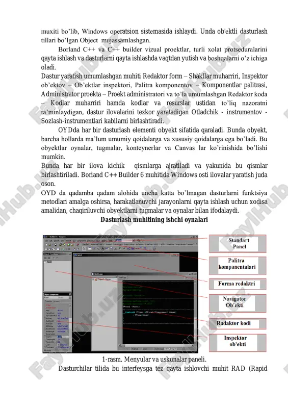 der dasturlash tili – bu dasturlarni qayta ishlash muxiti bo’lib, windows operatsion sistemasida ishlaydi. unda ob'ektli dasturlash tillari bo’lgan object mujassamlashgan. borland c++ va c++ builder vizual proektlar, turli xolat protseduralarini qayta ishlash va dasturlarni qayta ishlashda vaqtdan yutish va boshqalarni o’z ichiga oladi. dastur yaratish umumlashgan muhiti redaktor form – shakllar muharriri, inspektor ob’ektov – ob’ektlar inspektori, palitra komponentov – komponentlar palitrasi, administrator proekta – proekt administratori va to’la umumlashgan redaktor koda – kodlar muharriri hamda kodlar va resurslar ustidan to’liq nazoratni ta’minlaydigan, dastur ilovalarini tezkor yaratadigan otladchik - instrumentov - sozlash-instrumentlari kabilarni birlashtiradi. oydda har bir dasturlash elementi obyekt sifatida qaraladi. bunda obyekt, barcha hollarda ma’lum umumiy qoidalarga va xususiy qoidalarga ega bo’ladi. bu obyektlar oynalar, tugmalar, konteynerlar va canvas lar ko’rinishida bo’lishi mumkin. bunda har bir ilova kichik qismlarga ajratiladi va yakunida bu qismlar birlashtiriladi. borland c++ builder 6 muhitida windows osti ilovalar yaratish juda oson. oyd …