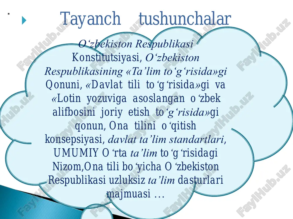 ta’lim ustuvorligining tan olinishi;  ta’lim olish shaklini tanlash erkinligi;  ta’lim sohasida kamsitishlarga yo‘l qo‘yilmasligi;  ta’lim olishga doir teng imkoniyatlarning ta’minlanishi;  ta’lim va tarbiyaga milliy hamda umuminsoniy qadriyatlarning singdirilganligi;  ta’lim va tarbiyaning insonparvarlik, demokratik xususiyati;  ta’limning uzluksizligi va izchilligi;  o‘n bir yillik ta’limning hamda olti yoshdan yetti yoshgacha bo‘lgan bolalarni bir yil davomida umumiy o‘rta ta’limga tayyorlashning majburiyligi…. 9-modda. umumiy o‘rta va o‘rta maxsus ta’lim umumiy o‘rta va o‘rta maxsus ta’lim umumta’lim o‘quv dasturlarini, zarur bilim, malaka hamda ko‘nikmalarni o‘zlashtirishga qaratilgan. umumiy o‘rta ta’lim (i — xi sinflar) bosqichlari quyidagilardan iborat: boshlang‘ich ta’lim (i — iv sinflar); tayanch o‘rta ta’lim (v — ix sinflar); o‘rta ta’lim (x — xi sinflar). umumiy o‘rta ta’lim tashkilotining birinchi sinfiga bolalar ular yetti yoshga to‘ladigan yilda qabul qilinadi. o‘rta ta’lim o‘quv dasturiga muvofiq ta’lim oluvchilar tomonidan zarur bilim, malaka va ko‘nikmalar o‘zlashtirilishini, shuningdek ta’limning keyingi turi tanlanishini hamda …