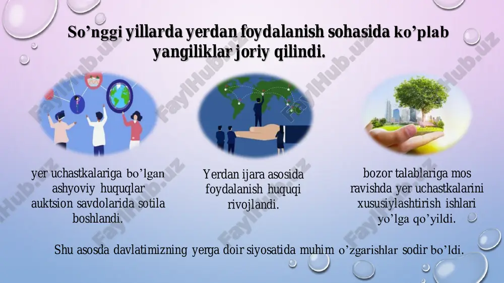 er kodeksi 36 modda) yer uchastkasiga bo‘lgan huquq bekor qilinadi. yer huquqining dispozitiv usuli tomonlar tengligini tan oladi, uni quyidagicha turlarga bo‘lish mumkin: -yo’naltiruvchi usul; darslik/er xukuki/er kodeksi konuni .doc har bir fan, huquq sohasi o‘z manbalariga ega bo‘lib, ushbu manbalar asosida rivojlanganidek, mamlakatning oliy vakillik organi hamda vakolatli idoralari tomonidan qabul qilingan normativ-huquqiy hujjatlar yer huquqining manbalari bo‘lib hisoblanadi. yer huquqi manbalari tushunchasi yer huquqi manbalari tizimini quyidagilar tashkil etadi: ➢ o‘zbekiston respublikasi konstitutsiyasi; ➢ o‘zbekiston respublikasi qonunlari; ➢ o‘zbekiston respublikasi oliy majlisi palatalarining qarorlari; ➢ o‘zbekiston respublikasi prezidentining farmonlari, qarorlari va farmoyishlari; ➢ o‘zbekiston respublikasi vazirlar mahkamasining qarorlari va farmoyishlari; ➢ vazirliklar va davlat qo‘mitalarining normativ aktlari; ➢ joylardagi mahalliy davlat hokimiyat organlari qarorlari. yer huquqi manbalari yer huquqining manbalariga qo’yilayotgan talablar vakolatli davlat organlari tomonidan qabul qilinganligi belgilangan doirada majburiy ahamiyat kasb etishi yerdan oqilona foydalanish va muhofaza qilish qoida-talablarni belgilashi rasmiy shakl, tuzilish, amal qilish muddatlari …