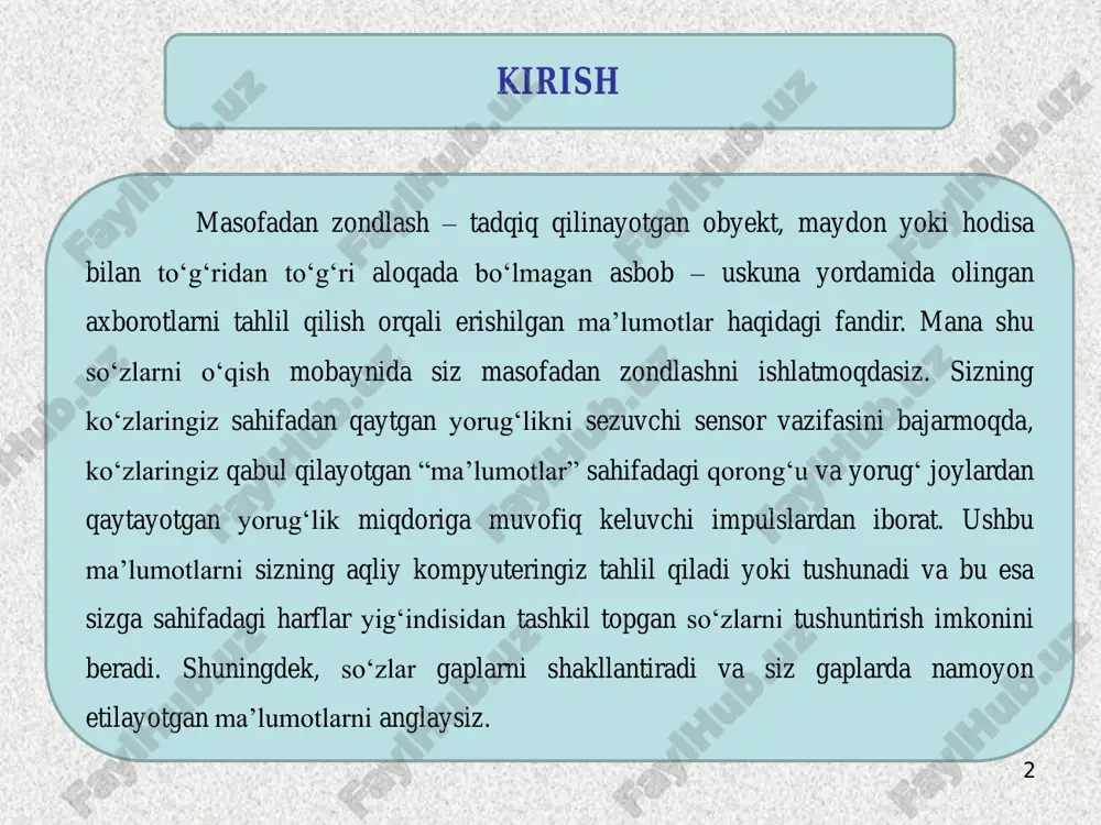 dan zondlashga kirmaydi. 5 geofazoviy fan dunyosida masofadan zondlash, yerni kuzatish deb ham nomlanadi, bu esa yer yuzasiga nisbatan baland masofadan turib yerni sensorlar yordamida kuzatish degan ma’noni anglatadi. sensorlar oddiy fotoapparatlarga o‘xshash, farqi esa ular nafaqat ko‘rinuvchi nurlarni, balki elektromagnit spektrning boshqa diapazonlarini ya’ni, infraqizil, mikroto‘lqinlar va ultrabinafsha intervallarini ishlatadi. sensorlar juda taraqqiy etib bormoqda, ular yordamida juda katta hajmdagi maydonlarning suratlarini olish imkoniyati mavjud. hozirgi kunda masofadan zondlash asosan fazodan turib sun’iy yo‘ldoshlar orqali amalga oshirilmoqda. 1. masofadan zondlash faning tarixi va ta’rifi. 6 masofadan zondlash falsafasini uch xil bo‘limga ajratish mumkin: birinchidan, bu qanday texnologiya; ikkinchidan, bu texnologiya nima uchun va qanday qilib rivojlanmoqda; uchinchidan, bu texnologiya nima maqsadda ishlatiladi va qanday imkoniyatlari mavjud. masofadan zondlashning tarixi xix asrning oxirlaridan; havo sharlari va varraklar yordamida fotoapparatlarning havoga chiqazilishidan boshlanadi. samolyotlarning yaratilishi keyinchalik havodan turib suratga olish imkoniyatlarini kengaytirdi va i jahon urushi davrida axborot va ma’lumotlar olish …