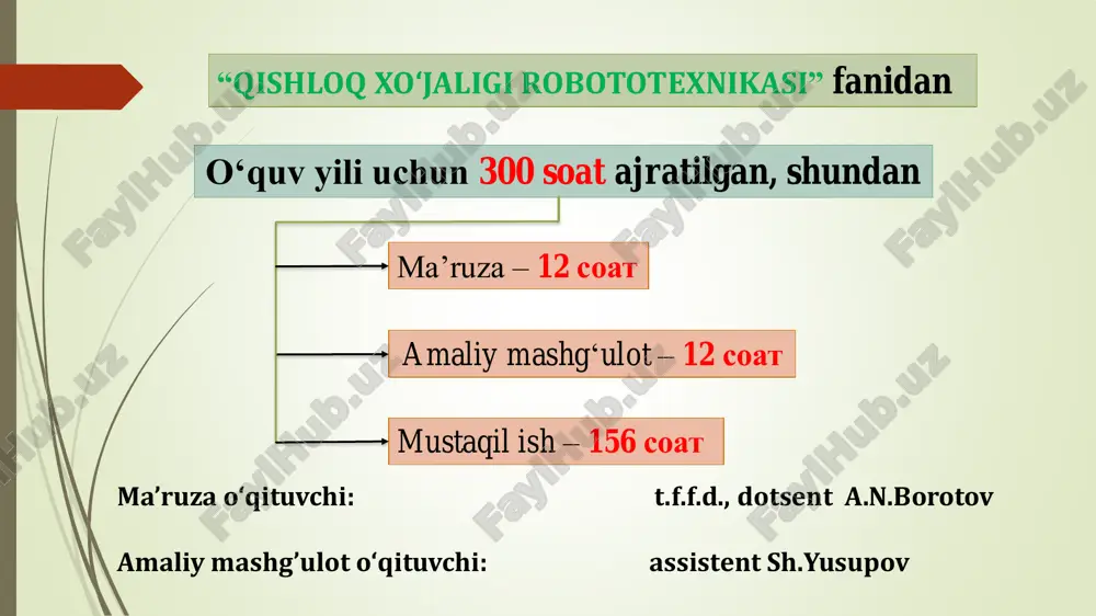 n agriculture with drones and robots” sciencedirect. 2019. 5. s. r. chowdhury “automation and robotics in agriculture”. 2017 6. a. usmonov, sh. rashidov “qishloq xo‘jaligida avtomatlashtirilgan tizimlar” o‘quv qo‘llanma. 2020. 7. m. m. ishmuratov “robototexnika asoslari” o‘quv qo‘llanma. 2018. 8. o. n. karimov “sun’iy intellekt va qishloq xo‘jaligi” o‘quv qo‘llanma. 2021. 9. agricultural robotics: the future of robotic agriculture. 2016 mavzu: kirish. fanning maqsad va vazifalari. asosiy tushunchalar. qishloq xo‘jaligida robotlarning o‘rni. robotlarning turlari va sinflanishi. reja: 1. fanning maqsad va vazifalari 2. asosiy tushunchalar 3. qishloq xo‘jaligida robotlarning o‘rni 4. robotlarning turlari va sinflanishi 11 fevral 2025 yil №1 – ma’ruza qishloq xo‘jaligi robototexnikasining asosiy maqsadi – qishloq xo‘jaligidagi ishlab chiqarish jarayonlarini avtomatlashtirish va robotlashtirish orqali ishlab chiqarishning samaradorligini oshirish, mehnat xarajatlarini kamaytirish, agronomik ko‘nikmalarni yaxshilash va ekologiyaga ta’sirni minimallashtirishdir. bu maqsadga erishish uchun quyidagi yo‘nalishlarda ishlar olib boriladi: . avtomatlashtirish va robotlashtirish – qishloq xo‘jaligidagi ishlar, masalan, yetishtirilish, …