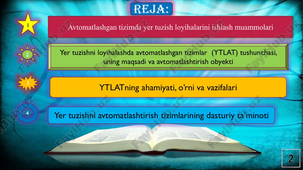 ri qishloq xo'jalik korxonalari hududlarining tashkil topishida, tartibga solinishida va takomillashishida juda katta ahamiyatga ega. yer tuzish jarayoning asosiy bo’g’ini yer tuzishni loyihalash hisoblanib, uning asosiy maqsadi yerdan foydalanishda, yerlarni berish va qaytarib olish, sotish-olishda ulardan samarali foydalanishni tashkil etish va muhofazalashda tartib o’rnatishdan iborat bo’lib, bunga quyidagi yer tuzish ishlarini bajarish orqali erishiladi: tuman yer tuzish chizmalaridagi istiqbolga mo‘ljallangan va loyiha oldi hisoblashlari; xo’jaliklararo va xo’jalikda ichki yer tuzish loyihalarini ishlash; yer tuzish tadbirlarini amalga oshirish uchun ishlanadigan ishchi loyihalarni tayyorlash; loyihalarni joyiga ko’chirish va ularning amalga oshirilishi ustidan mualliflik nazorati. respublikamiz mustaqillikka erishib, bozor iqtisodiyotiga o’tish bo’yicha iqtisodiy islohotlarni boshlab yuborishi bilan bog’liq agrar sohada yuz berayotgan o’zgarishlar, yer tuzish ishlari hajmini keskin oshirib yubordi. bu davrda yer tuzishning axborot ta’minoti o’sishi uning sifat jihatdan takomillashishi zaruratini keltirib chiqardi. yer tuzish bilan bog’liq loyiha qidiruv ishlarining hajmi ham yangi tashkil bo’layotgan va qayta tuzilayotgan xo’jaliklar, fuqarolarga va boshqa …