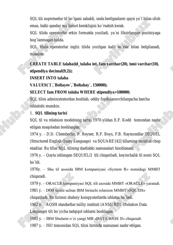 values(`1`,`boltayev`,`boltabay`, 150000); select fam from talaba where stipendiya>100000; sql tilini administratordan boshlab, oddiy foydalanuvchilargacha barcha ishlatishi mumkin. 1. sql tilining tarixi sql til va relatsion modelning tarixi 1970-yildan e.f. kodd tomondan nashr etilgan maqoladan boshlangan. 1974 y. - d.d. chemberlin, p. reyner, r.f. boys, f.b. raymondlar sequel (structured english quary language) va square [42] tillarning tavsifini chop etadilar. bu tillar sql tilining dastlabki namunalari hisoblanadi. 1976 y. – qayta ishlangan sequel/2 tili chiqariladi, keyinchalik til nomi sql bo`ldi. 1976y. – shu til asosida ibm kompaniyasi «system r» nomidagi mmbt chiqaradi. 1979 y. – oracle kompaniyasi sql tili asosida mmbt «oracle» yaratadi. 1981 y. – dos tizimi uchun ibm birinchi relatsion mmbt «sql/ds» chiqariladi. bu tizimni shahsiy kompyuterlarda ishlatsa bo`ladi. 1982 y. – aqsh standartlar milliy instituti (ansi) rdl (relation data lenguage) tili bo`yicha tadqiqot ishlarni boshlagan. 1983 y. – ibm shularni o`zi yangi mb «data base ii» chiqaradi. 1987 y. …