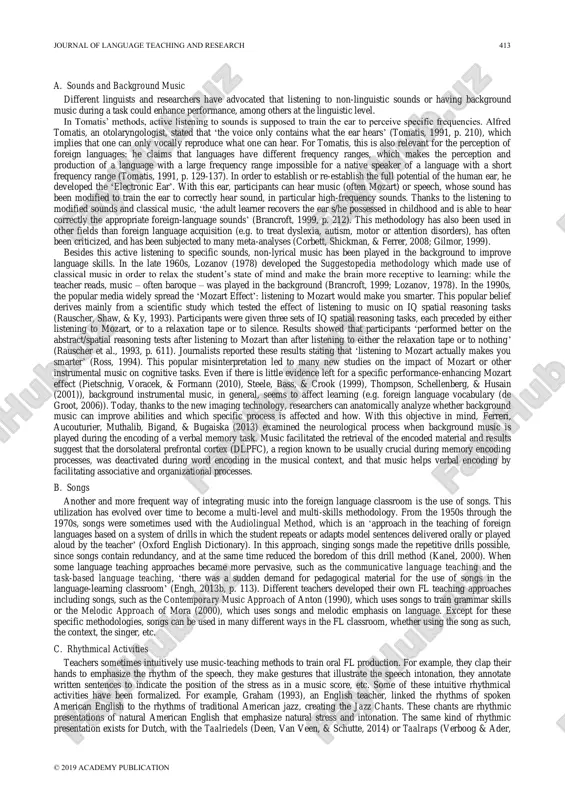 ween the two periods and that songs were mainly used with young beginners. this was also stated by jamoulle (2017) who examined the incorporation of music in english classrooms in brussels secondary french- speaking schools. from a sample of 54 teachers, she found that music was not often incorporated in the english classroom and that, if it was, music was mostly used as a fun activity. two main reasons could explain ‘the lack of crossover between stated teacher attitudes and stated teacher present classroom practice’ (engh, 2013a). first, adequate material is not always easy to find. in his paper, tse (2015, p. 88) mentions that more than 60% of the surveyed teachers (n=60) claim that they ‘do not have enough resources’, that ‘there are inadequate song materials’, and that they ‘find it arduous to find suitable songs for classroom use’ (tse, 2015, p.88). creating new musical material can however be …