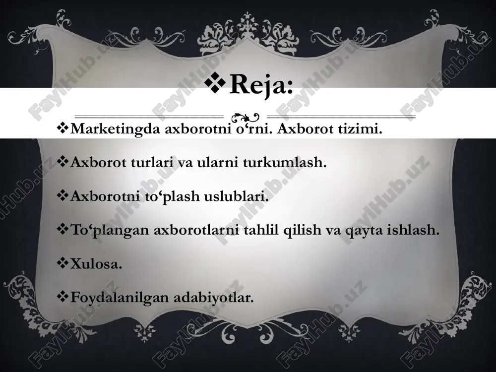 amchi ma’lumotlarga tayinli maqsad uchun ilk bor yangidan tashkil etilgan ma’lumotlar, axborotlar kiradi. ikkilamchi ma’lumotlarga esa dastlabki boshqa maqsadlar uchun yig‘ilgan, qayta ishlangan, turli manbalarda mavjud bo‘lgan axborotlar kiradi. ikkilamchi axborot ichki milliy ommaviy xalqaro ommaviy kelib chiqishi shaxsiy ichki tashqi marketing axborotlarini to‘plash uslublari kabinet tadqiqotlari dala tadqiqotlari kombinatsiyal ashgan tadqiqotlar kabinet tadqiqotlari hujjatlarni klassik tahlili maqsadli axborot tahlili kontent tahlil dala tadqiqotlari so‘rov eksperiment kuzatuv to‘plangan axborotlarni tahlil qilish va qayta ishlash marketing tadqiqotlari jarayonida olingan ma’lumotlar qayta ishlanishi, umumlashtirilishi kerak. bunda 3 soha ajratiladi: · tartibga solish; · masshtablashtirish; · umumlashtirish va tahlil qilish. • ma’lumotlarni kategoriya bo‘yicha, ularni tahrirlash va natijalarni kodlashtirish, shuningdek ularni toifalashtirishdan iborat. kategoriya bo‘yicha ma’lumotlarni tartibga solish oldindan berilgan shartli sinf yoki zonalar bo‘yicha amalga oshiriladi. ma’lumotlarni tartibga solish • aniq o‘lchamlari orqali aniqlash asosida ma’lumotlarni klassifikatsiyalashni bildiradi. amaliyotda nominal shkala, tartibli shkala va son shkalalari qo‘llaniladi. masshtablashtirish • barcha axborotlarni umumiylashtirib …