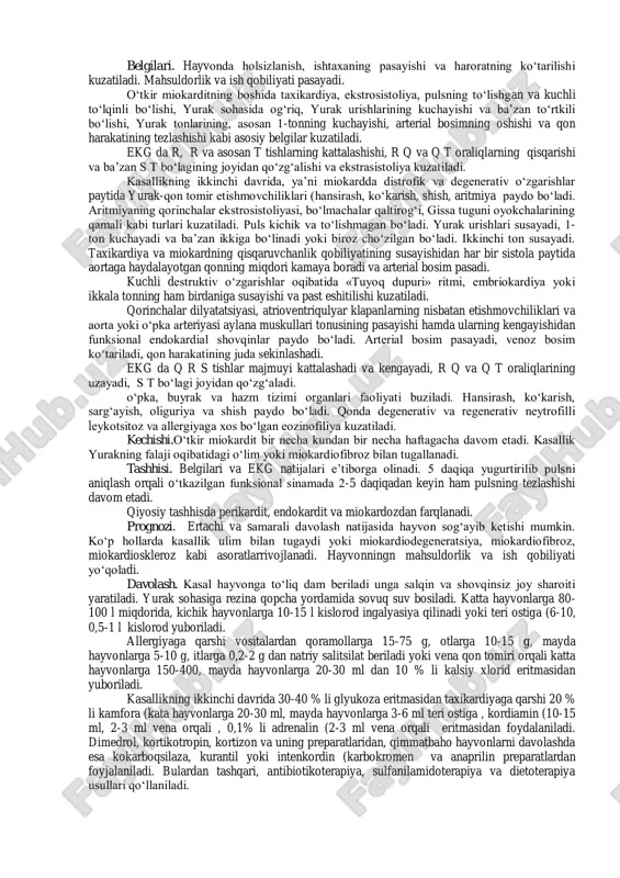ida va bo‘shliqlarda to‘plangan bo‘ladi. «yurak shishlari» xamirsimon konsistensiyada, og‘riqsiz va mahalliy harorati ko‘tarilmagan bo‘ladi. miokardit (myocarditis - yurak muskulining yallig‘lanishi. birlamchi va ikkilamchi, o‘tkir va surunkali, o‘choqli va diffuz miokarditlar farqlanadi. sabablari. miokardit ko‘pincha ayrim yuqumli, invazion va yuqumsiz kasalliklar perikardit, endokardit, plevrit, pnevmoniya, endometrit, oziqadan zaharlanishlar, mikoz va mikotoksikozlar paytida ikkilamchi kasallik sifatida rivojlanadi. rivojlanishi. kasallik chaqiruvchisi tomonidan ajratiladigan zaharlar ta’sirida miokardda allergik xarakterdagi yallig‘lanish rivojlanadi. avval ekssudatsiya va muskul tolalarida shish, keyinchalik, alterativ va proleferativ jarayonlar rivojlanadi. miokarddagi retseptorlar qo‘zg‘alishidan yurak urishlari tezlashadi, arterial bosim oshadi. keyinchalik miokard toliqadi, unda distrofik va degenerativ o‘zgarishlar paydo bo‘ladi. yurak urishlari sekinlashib, arterial bosim pasaya boradi, qon harakati sekinlashadi. hansirash, ko‘karish, shish va ritmiya paydo bo‘ladi. patoloanatomik o‘zgarishlari. ekssudatsiya paytida yurak muskullari shishgan bo‘ladi. kesim yuzasida qizg‘ish va ba’zan dog‘li qon quyilishlar kuzatiladi. distrofik-degenerativ o‘zgarishlar paytida miokard oqargan va xiralashgan, kesim yuzasining naqshi buzilgan bo‘ladi. kuchli degenerativ o‘zgarishlar kechayotgan paytida …