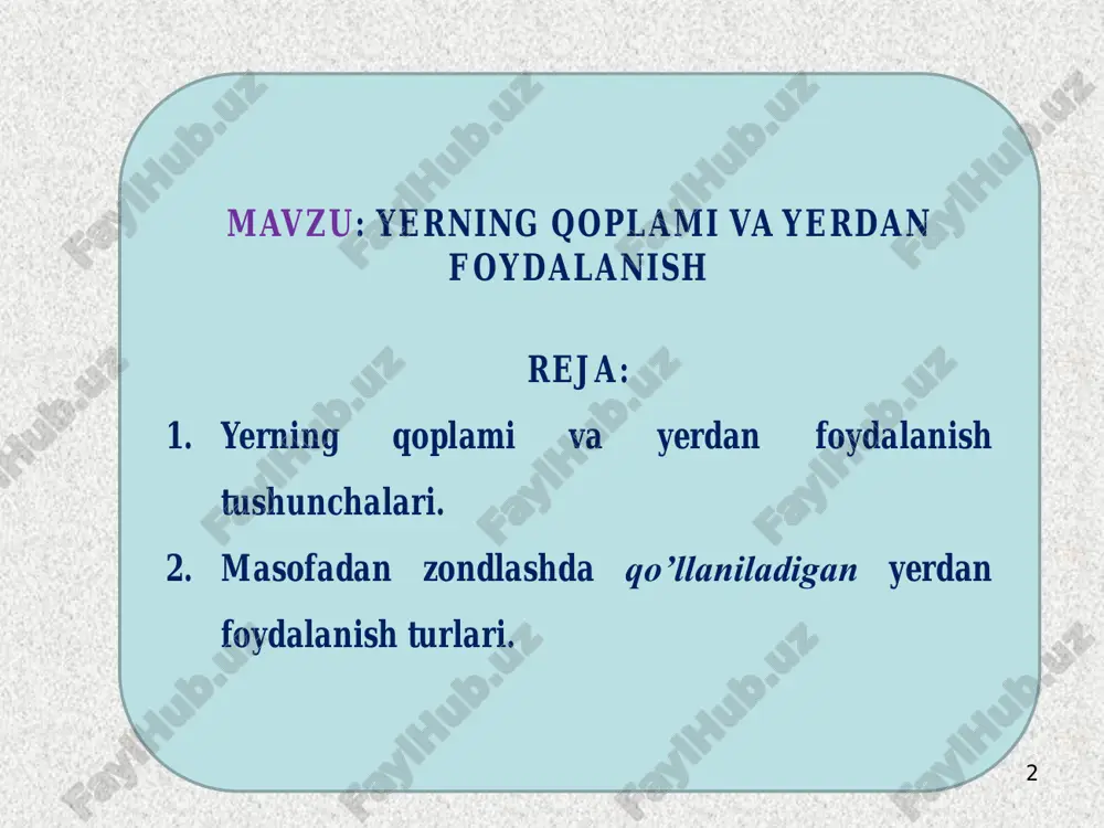 di. 6 umuman olganda, yer qoplami yerdan foydalanish bilan muvofiq kelmaydi. yerdan foydalanish sinfi bir nechta yer qoplamlaridan tashkil topgan, masalan, aholi yashash joylari yerdan foydalanish sinfi nafaqat qurilishlar, balki vegetatsiya sinfi, suv sinfi va boshqa sinflarni ham o‘z ichiga oladi. masofadan zondlash axborotlari yerdan foydalanish ma’lumoti emas, balki ular yer qoplami haqidagi ma’lumot bilan ta’minlaydi. 7 yerdan foydalanishni qo‘llash asos karta va ketma-ket monitoringni o‘z ichiga oladi, o‘z vaqtida olingan ma’lumotda hozirgi kundagi yer maydonining holati va vaqt o‘tishi bilan yerdan foydalanishdagi o‘zgarishlar haqidagi bilimlar talab qilinadi. bu bilimlar tabiatdagi muvozanatni saqlash, yerdan foydalanishdagi konfliktlarni va rivojlanishdagi bosimlarni bartaraf qilish uchun strategiyalar ishlab chiqishda yordam beradi. yerdan foydalanishdagi tadqiqotlarning rivojlanishiga 193 unumdor yerlarning yo‘qolib ketishi yoki kamayishi, shaharlarning kattalashishi va o‘rmonzorlarning qisqarishi sabab bo‘lmoqda. 8 yer qoplami va yerdan foydalanish tadqiqotlari tabiatan ko‘pprofilli va bu ish uchun jalb qilinganlar xalqaro miqyosdagi tabiatni saqlash tashkilotlaridan boshlab davlat miqiyosidagi tadqiqotlar va …