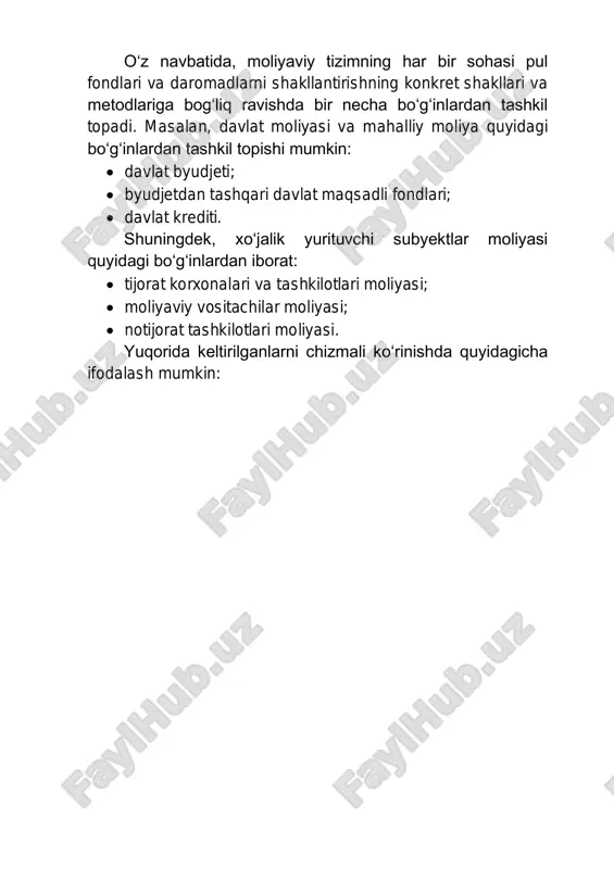 lab chiqarish sohasi moliyasi. shunday bo‘lishiga qaramasdan ularning har ikkalasi ham sssrning iqtisodiy bazisiga va u tomonidan amalga oshirilgan moliyaviy siyosatga mazmunan mos kelgan edi. o‘z navbatida, moliyaviy tizimning har bir sohasi pul fondlari va daromadlarni shakllantirishning konkret shakllari va metodlariga bog‘liq ravishda bir necha bo‘g‘inlardan tashkil topadi. masalan, davlat moliyasi va mahalliy moliya quyidagi bo‘g‘inlardan tashkil topishi mumkin: • davlat byudjeti; • byudjetdan tashqari davlat maqsadli fondlari; • davlat krediti. shuningdek, xo‘jalik yurituvchi subyektlar moliyasi quyidagi bo‘g‘inlardan iborat: • tijorat korxonalari va tashkilotlari moliyasi; • moliyaviy vositachilar moliyasi; • notijorat tashkilotlari moliyasi. yuqorida keltirilganlarni chizmali ko‘rinishda quyidagicha ifodalash mumkin: 4.1.1-chizma. moliyaviy tizimning sohalari va bo‘g‘inlari moliyaviy tizimning alohida sohalar va bo‘g‘inlarga bo‘linishi yaimni shakllantirish, taqsimlash va qayta taqsimlashda, daromadlarni shakllantirish va ulardan foydalanishda iqtisodiy munosabatlar subyektlarining bir- birlaridan farqli ravishda ishtirok etishi bilan belgilanadi. moliyaviy tizimning har bir sohasi va bo‘g‘iniga pul fondlari va daromadlarini shakllantirish va ulardan foydalanishning …