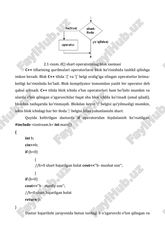 kunlanishi shart. quyida keltirilgan dasturda if operatoridan foydalanish ko'rsatilgan. #include int main() { int b; cin>>b; if (b>0) { //b>0 shart bajarilgan holat cout ) ; else ;. bu yerda 0 qiymatidan farqli yoki true bo'lsa , aks holda bajariladi. if-else shart operator mazmuniga ko'ra algoritmning tarmoqlanuvchi blokini ifodalaydi: - shart bloki (romb) va blokning «ha» tarmog'iga, esa blokning «yo'q» tarmog'iga mos keluvchi amallar bloklari deb qarash mumkin. 2.2-rasm. if(), else shart operatorining blok sxemasi misol tariqasida diskriminantni hisoblash usuli yordamida ax2+bx+c=0 ko'rinishidagi kvadrat tenglama ildizlarini topish masalasini ko'raylik: #include #include int main() { float a,b,c; float d,x1,x2; cout >a; cout >b; cout >c; d=b*b-4*a*c; if(d va ham shartli operator bo'lishi mumkin. ifodadagi har bir else kalit so'zi, oldindagi eng yaqin if kalit so'ziga tegishli hisoblanadi (xuddi ochiluvchi va yopiluvchi qavslardek). buni inobatga olmaslik mazmunan xatoliklarga olib kelishi mumkin. masalan: if(x==1) if(y==1) cout 1”; bu misolda «x 1» xabari x …
