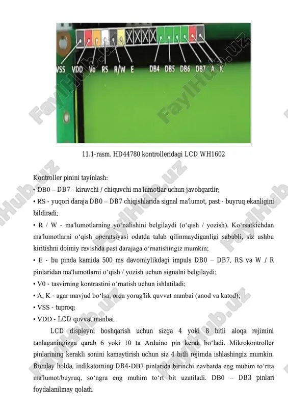 mikrokontroller pinlarining kerakli sonini kamaytirish uchun siz 4 bitli rejimda ishlashingiz mumkin. bunday holda, indikatorning db4-db7 pinlarida birinchi navbatda eng muhim to‘rtta ma'lumot/buyruq, so‘ngra eng muhim to‘rt bit uzatiladi. db0 – db3 pinlari foydalanilmay qoladi. tajribamizda biz 13-tajribada tekshirgan lm335 harorat sensori ma'lumotlarini o‘qiymiz va lcd displeyda kelvin va selsiy gradusidagi harorat qiymatini ko‘rsatamiz. harorat sensori va lcd displeyni 4-bitli rejimda arduino platasiga ulash diagrammasi rasmda ko‘rsatilgan. 15.2. lcd displeyni quvvatlantirish uchun alohida +5 v quvvat manbai talab qilinishini unutmang. keling, eskiz yozishni boshlaylik. arduino funksionalligi kutubxonalar yordamida kengaytirilishi mumkin. arduino kutubxonalari eskizlarda foydalanish uchun qo‘shimcha funktsiyalarni ta'minlaydi va dasturlarni yozish jarayonini sezilarli darajada soddalashtiradi. arduino ide bilan bir qator asosiy kutubxonalar o‘rnatilgan va siz o‘zingiz o‘rnatishingiz mumkin bo‘lgan ko‘plab qo‘shimcha kutubxonalar mavjud. hd44780 kontrolleridagi lcd displeyli arduino bilan ishlashda biz liquidcrystal kutubxonasidan foydalanamiz. eskizning boshida kutubxonani ulash uchun chiziqni kiriting. #include 11.2-rasm. harorat sensori va lcd-ning arduino-ga ulanish diagrammasi …