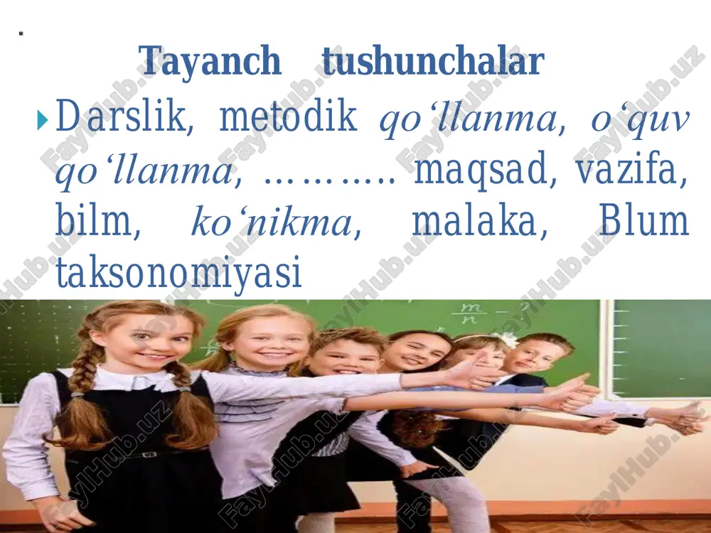 fiq tuzilgan dastur asosida yaratiladi. darslik zimmasiga asosan quyidagi vazifalar yuklatiladi: – o‘zbek tilining fonetikasi, leksikasi va grammatikasi bo‘yicha nutqning og‘zaki va yozma shakllaridan keng va to‘g‘ri foydalanish uchun zarur bo‘lgan ilmiy -amaliy ma’lumotlar berish; – o‘quvchilarni o‘zbek tilida to‘g‘ri talaffuz qilishga o‘rgatish, imlo va punktuatsiyaning asosiy qoidalari bilan qurollantirish; – fikrni og‘zaki va yozma shakllarda bayon qilish yo‘llari bilan tanishtirish; – muayyan bir xabar yoki ma’lumotni turli shakllarda berish usullarini o‘rgatish; – o‘quvchilarda milliy ong va milliy mafkurani tarbiyalash; – kundalik hayot uchun zarur bo‘lgan ish qog‘ozlarini yuritish. savollar past darajadagi fikrlash savollari (low-order thinking questions)  o’quvchilarni eslab qolishini talab qiladi  ko’pincha yopiq savollar bo’ladi: faqatgina bir to’g’ri javob  odatda “kim”, “nima”, “qachon”, “qayer” kabi savollardan tashkil topadi yuqori darajadagi fikrlash savollari (high-order thinking questions)  o’quvchidan mulohaza/fikr yuritishni talab qiladi  ochiq savollarga moyillik ko’proq bo’ladi – turli xil jabovlar  kopincha “nega”, “nima uchun”, …